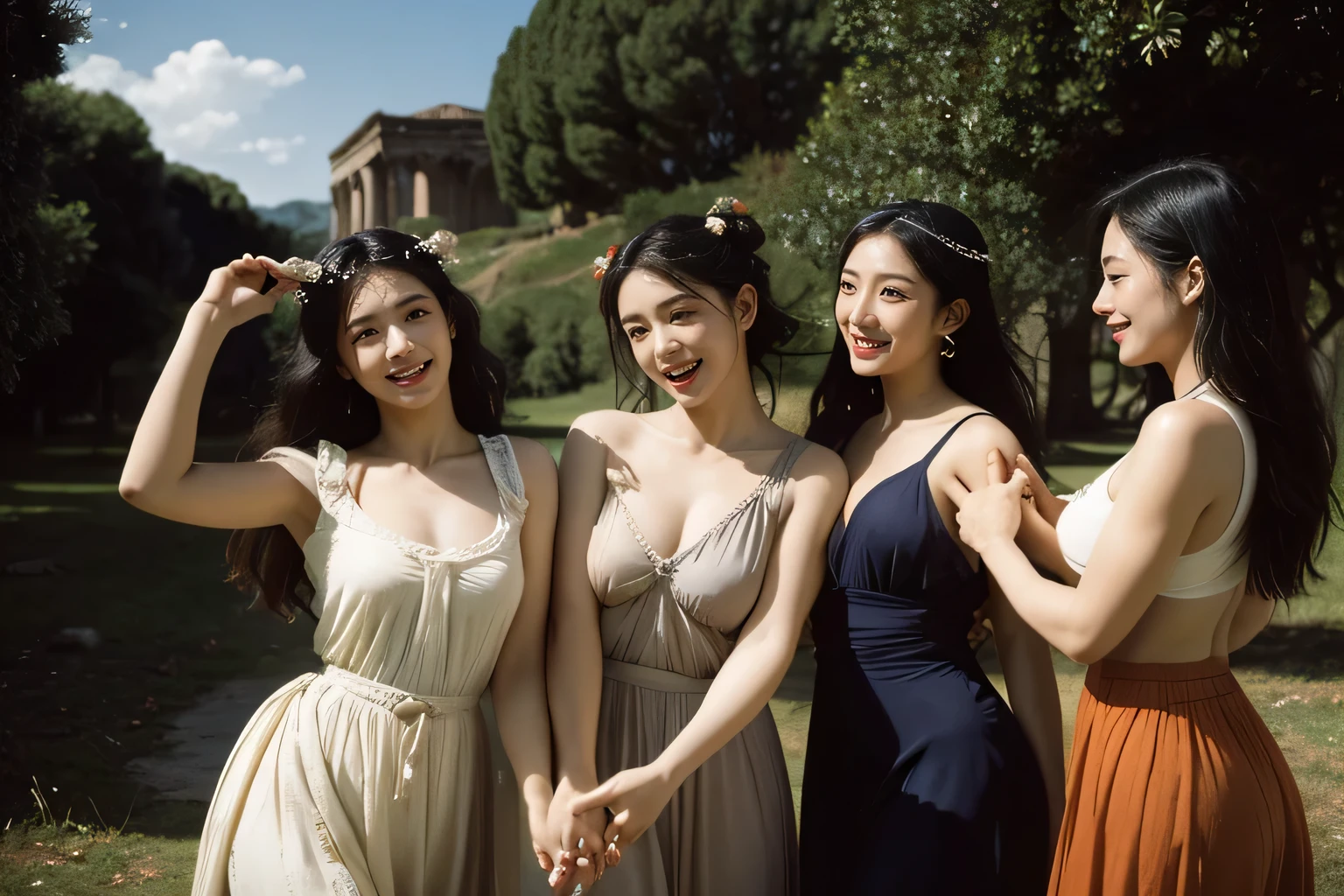 Ancient Roman landscape in the style of Nicolas Poussin,three women holding hands and dancing,,A smile,,Sweet and seductive appearance.、Caravaggio's paintings、Chiaroscuro of Caravaggio、Hair disheveled in the wind,three women playing,Cute smile, Expression of ecstasy,A sexy,erotick