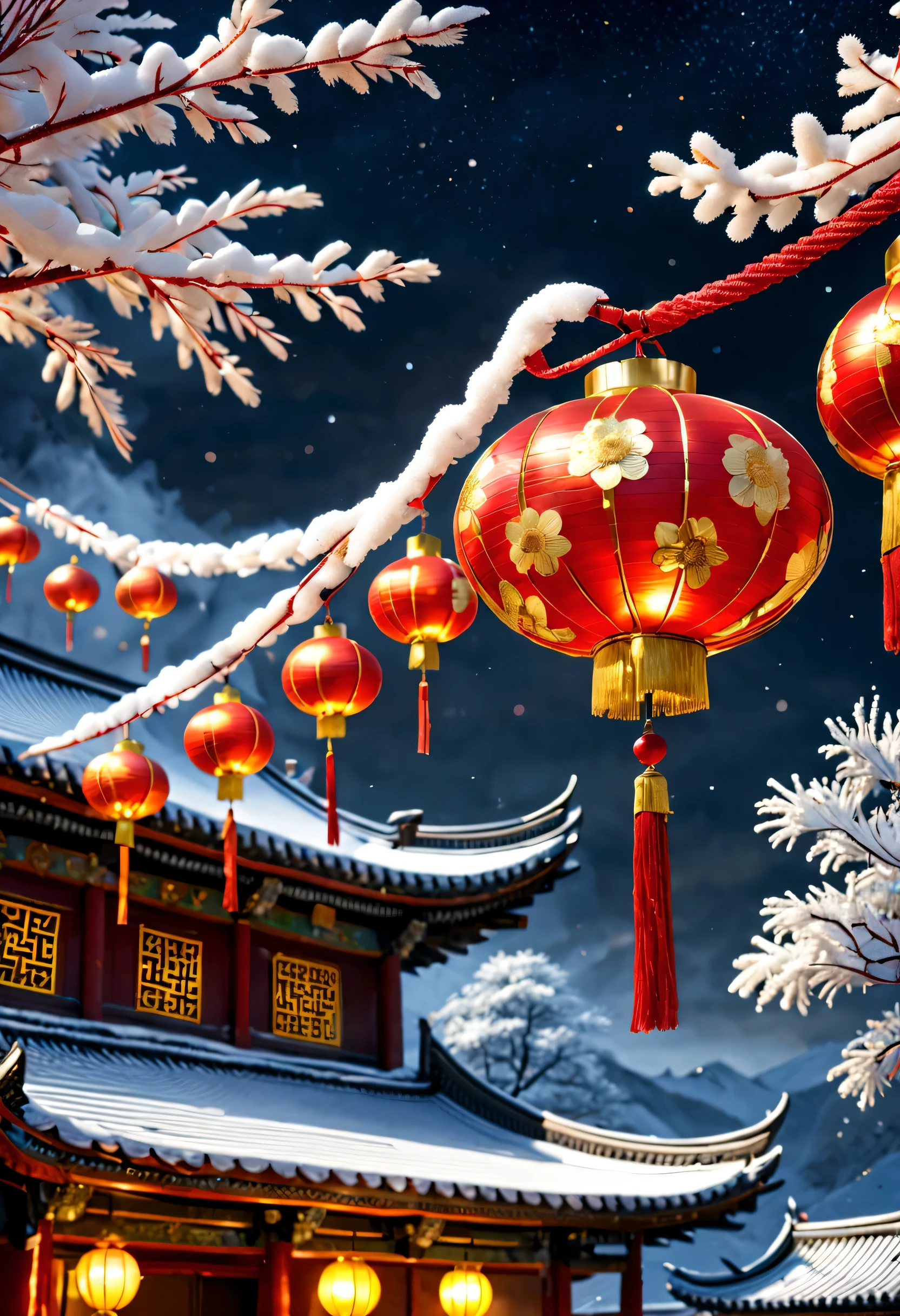 (Golden flower lanterns from southern China hang on red ropes under the eaves.:close up）Northeast Snow Country Fireworks Festival Night,,red gold and white outdoor,The content is very detailed, Best quality, A high resolution, tmasterpiece, photographyrealism, 8K, Perspectives, rustic, S Kahn,