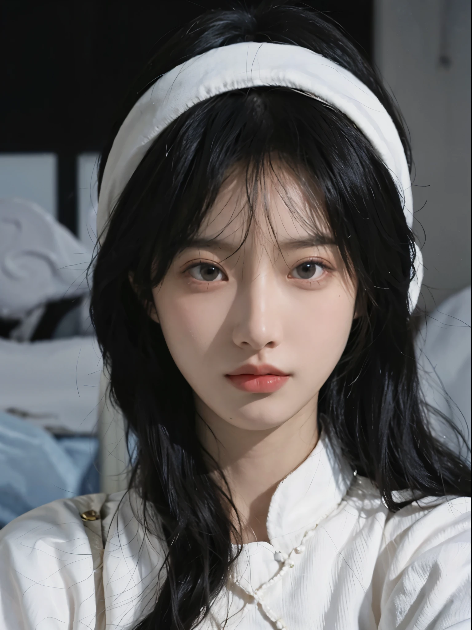 Best quality, 超高分辨率, white backgrounid,(realistically:1.4), girl, A pair of eyes as clear as snow,Imperial sister,Black long straight, looking at viewert, close up ,