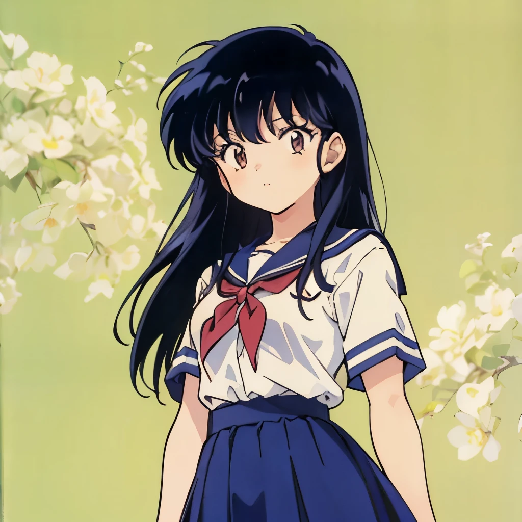 Rumiko Takaha Eshi, 1980 S \(Style\), retro artStyleotonaesi, 1girl in,&#39;Me in my 20s、 School uniform, green Background, caretaker、Long hair, Background, Solo, ((maesutepiece))