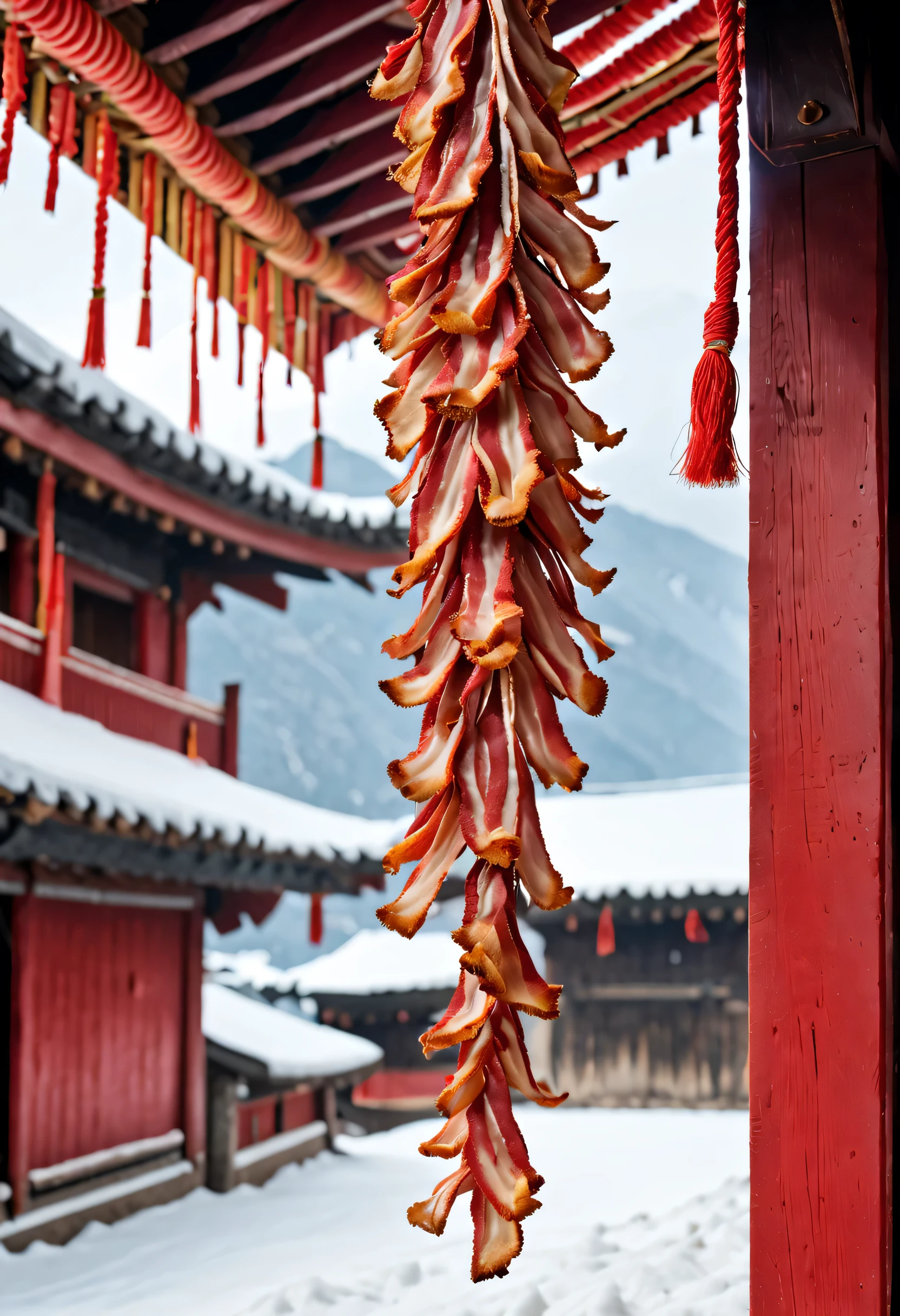(Close-up of Yunnan bacon hanging on a big red rope under the eaves），Northeast Snow Country Fireworks Festival Night,Red and gold are the main colors，white outdoor,The content is very detailed, Best quality, A high resolution, tmasterpiece, photographyrealism, 8K, Perspectives, rustic, S Kahn,