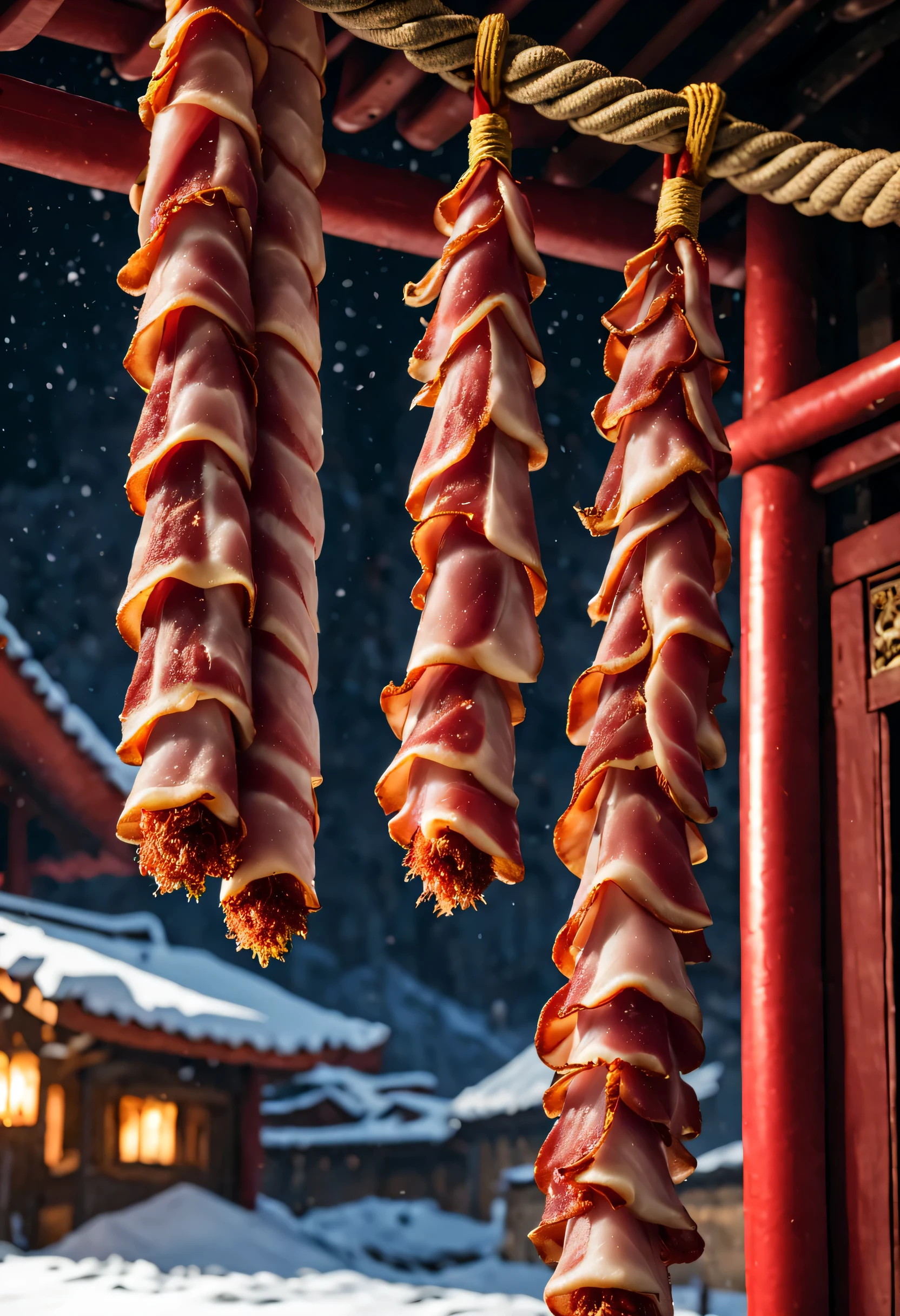 (Close-up of Yunnan bacon hanging on a big red rope under the eaves),Northeast Snow Country Fireworks Festival Night,Red and gold are the main colors,white outdoor,The content is very detailed, Best quality, A high resolution, tmasterpiece, photographyrealism, 8K, Perspectives, rustic, S Kahn,