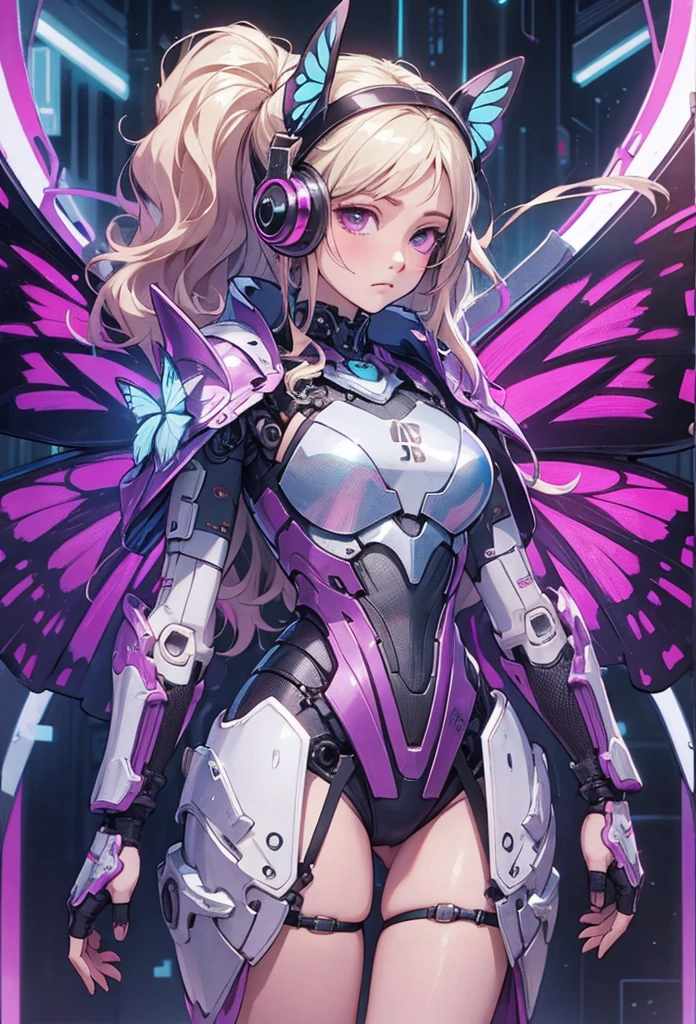 (Detailed illustrations,Very detailed and detailed drawing,Delicate lines with slow and rapid,Realistic texture expression),[Color tressed main line],[labo],[[HENTAI]] ANIME (CYBERGirl anime Beauty 13 years old Cyborg [Wavy Hair (platinum-blonde)]),([Butterfly wings] Magenta-pink Papillon cybernean armor [Aurora Armor] Fuselage only transparent material) Cyber Headset,(cybernetic),(Intricate and beautiful decoration [Dense detail]),(Fine and beautiful skin expression [Transparency]),[完璧な目のdetaileds (Iris beautifully drawn in every detail)[Jewel-like eyes]],[long and beautiful eyelashes],[Meticulously drawn hair [美しく艷やかな髪のdetaileds]],(完璧な手のdetaileds [Beautiful fingers without breakdowns [Beautiful nails]]),(Perfect Anatomy(Perfectly proportioned))[[Full body like]],[[Design built to the highest level]][Ideal color coordination(Accurate simulation of light-material interactions)],([Precision Detail](detaileds,high-detail)),[Visual art that conveys a sense of narrative].