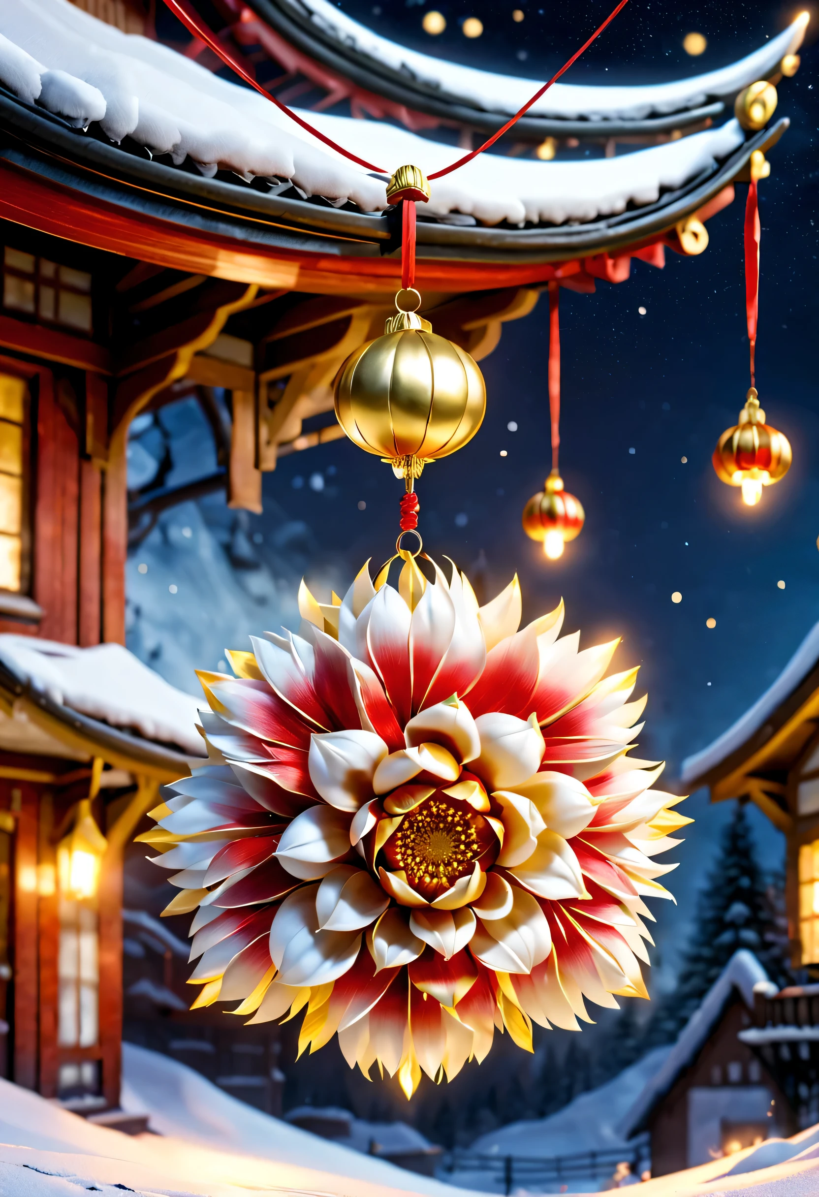 (Golden flower ham hung on a red rope under the eaves:close up）Northeast Snow Country Fireworks Festival Night,,red gold and white outdoor,The content is very detailed, Best quality, A high resolution, tmasterpiece, photographyrealism, 8K, Perspectives, rustic, S Kahn,