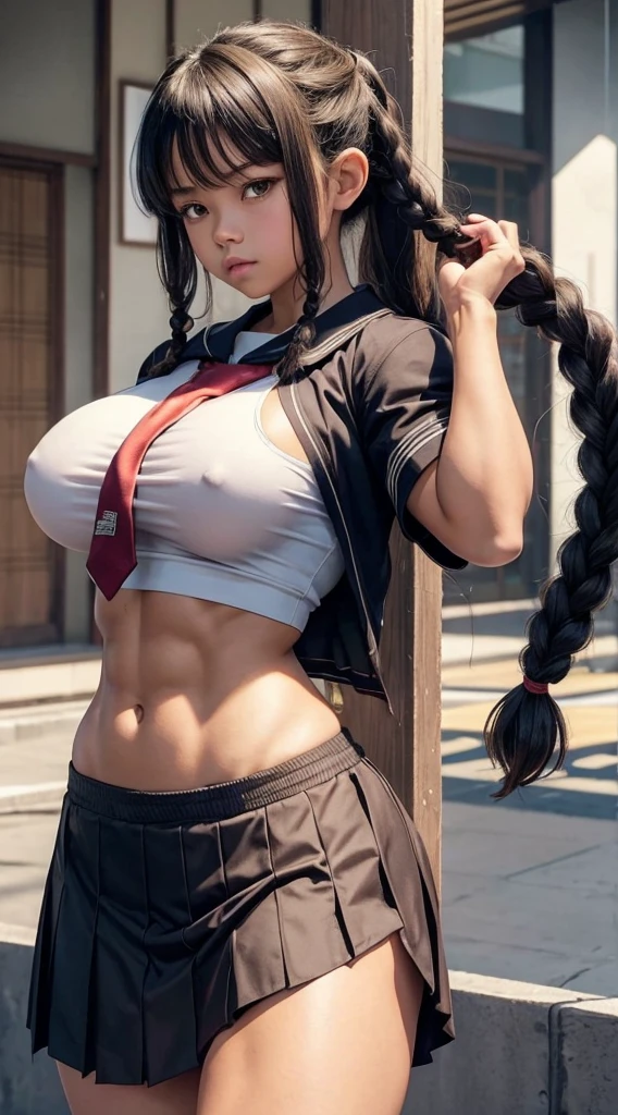 Muscular busty  young Jenna Ortega, school girl, huge strong biceps, tonned strong abs, huge round boobs, enormous firm tits, hyper muscular, bodybuilder muscles, bursting in strength, large hips, japanese tie uniform clothes, black uniform, wednesday adams, blonde braids