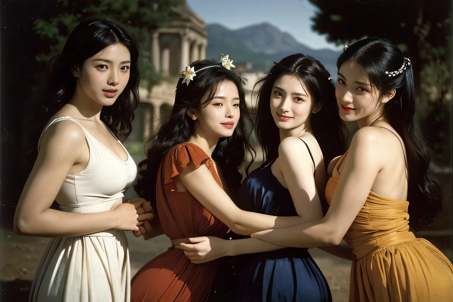 Ancient Roman landscape in the style of Nicolas Poussin,Three women holding hands and dancing in a circle,,A smile,,Sweet and seductive appearance.、Caravaggio's paintings、Chiaroscuro of Caravaggio、Hair disheveled in the wind,three women playing,Cute smile, Expression of ecstasy,A sexy,erotick