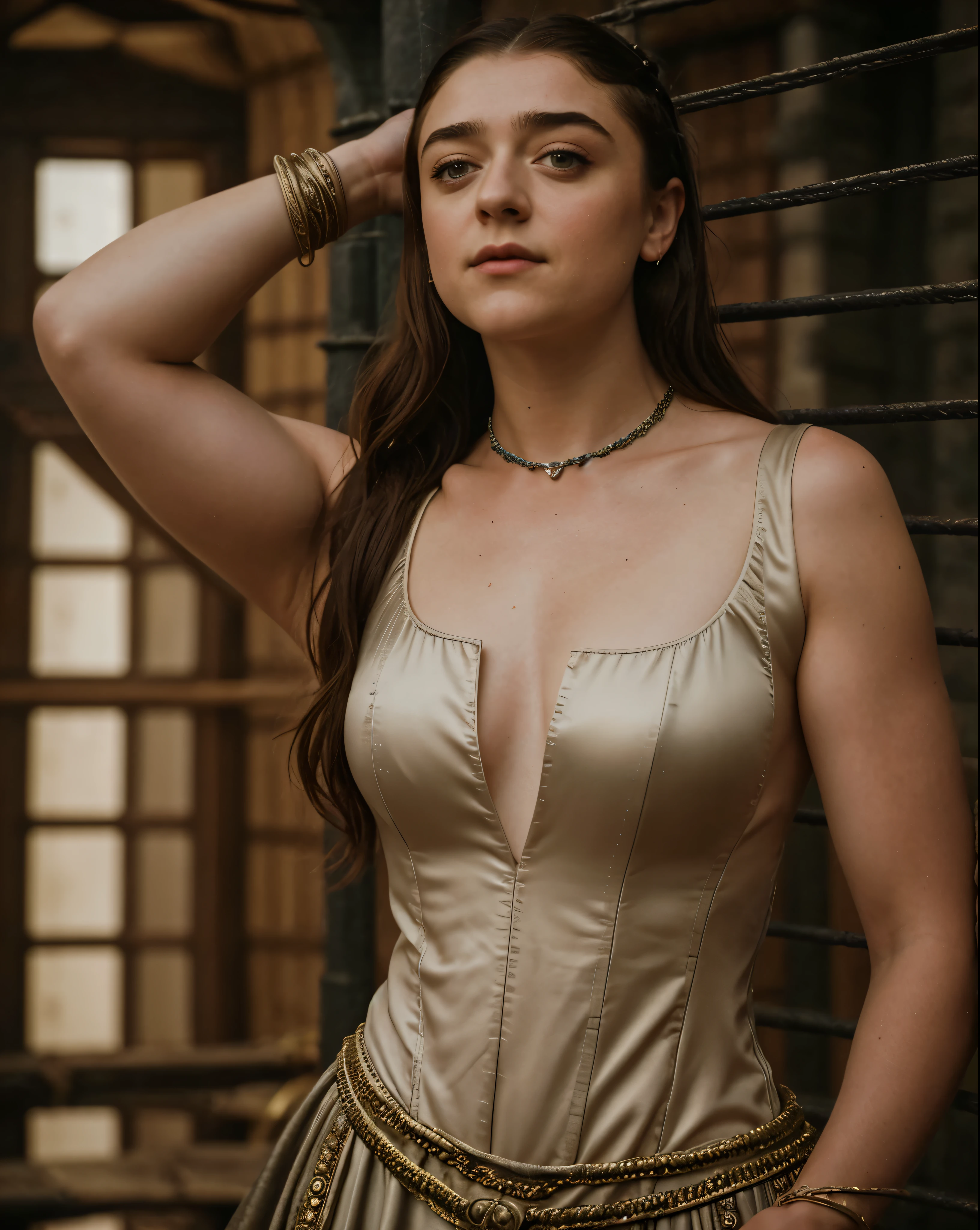 Foto RAW, RAW photograph of Maisie Williams, Arya Stark, mediaeval world cinematic background, Extremely gorgeous lady, Arya Stark PLAYED BY MAISIE WILLIAMS, Queen Arya Stark, she a mature woman now, milf, sexy mediaeval battle dress, gladiator woman, body, 40 years old Woman, body revealing costumes, perky breast, skin pores, big natural breast, erotic costumes, lusty physique, seductive figure can capture every people's attention, Game of thrones costumes, revealing captivating figure, Mediaeval costumes, revealing clothes, A tomboy, she would rather fence than dance, warrior queen , game of thrones screen caps, Game of Thrones Series, (pele altamente detalhada: 1.2), 8k UHD, DSLR, soft-lighting, alta qualidade, grain of film, Fujifilm XT3, flawless picture, highly detailed, detailed Beauty, intricate, 32k, sharp picture,