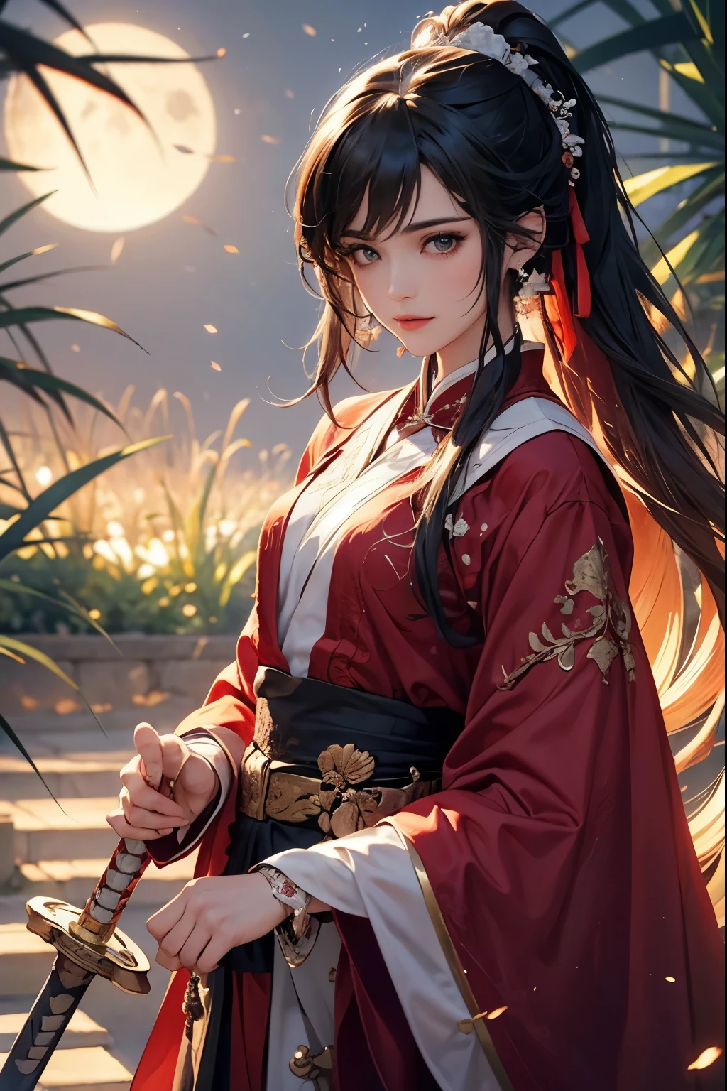 (Best quality at best,A high resolution,The image is clear，:1.2),A handsome young man holding a sword，Black Hanfu，Chinese style clothes，high ponytails，natta，Garden scene,under moonlight,starrysky