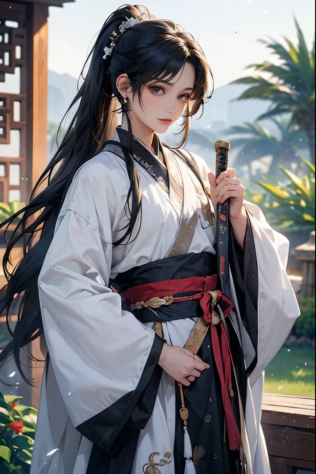 (Best quality at best,A high resolution,The image is clear，:1.2),A handsome young man holding a sword，Black Hanfu，Chinese style clothes，high ponytails，natta，Garden scene,under moonlight,starrysky