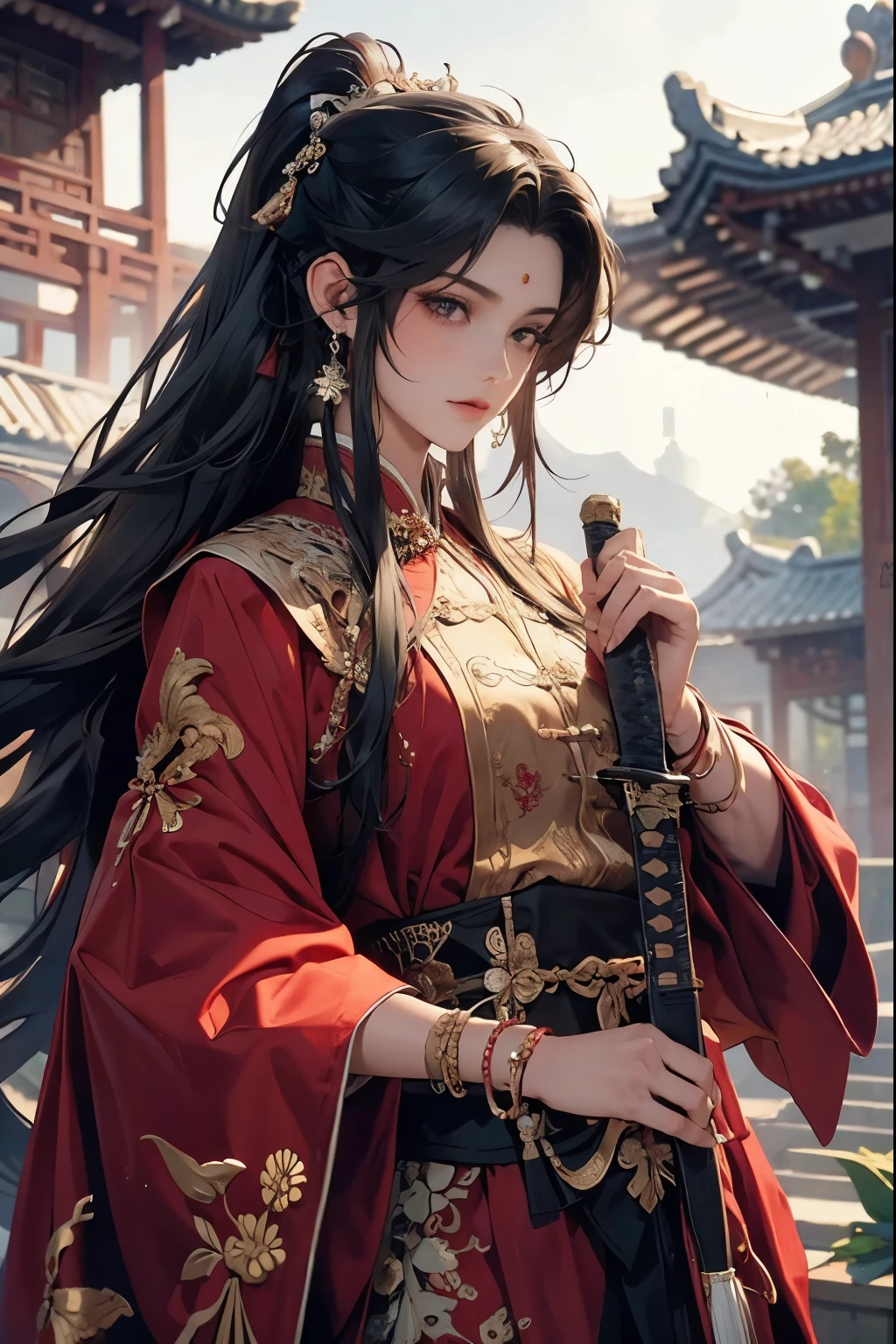 (Best quality,A high resolution,The image is clear，:1.2),A handsome young man holding a sword，Chinese-style clothes，high ponytails，natta，Garden scene,under moonlight,starrysky