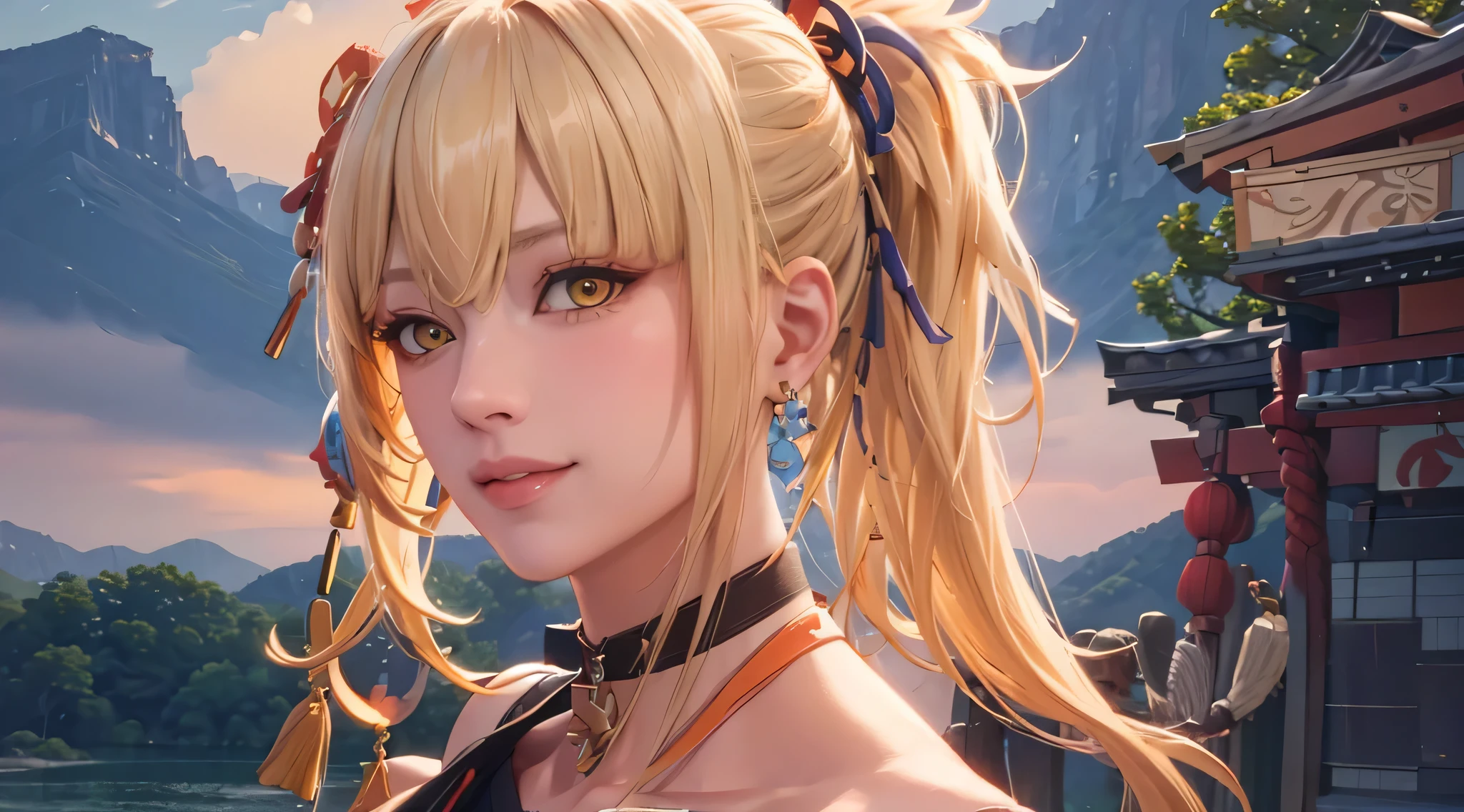 （（（Blonde hair, By bangs, hair adornments, pony tails, yellow-eyed, arm tattoos, chest tattoo, Orange eyes, Salahi, hair between eye,（（（Japanese clothes，ropes, Shina rope, Shina ropes, collars, Common, 橙色Common, 红色的collars, bandaged arm, 鎖骨, Sash，Bandage bandage, ））），（（（Wide hips））），S-shaped body:1.7））），((tmasterpiece)),A high resolution, ((Best quality at best))，tmasterpiece，quality，Best quality，（（（ exquisite facial features，looking at viewert,There is light in the eyes，Smilingly，Self-confident ））），（（（Light and shadow interlace，Huge big breasts）））