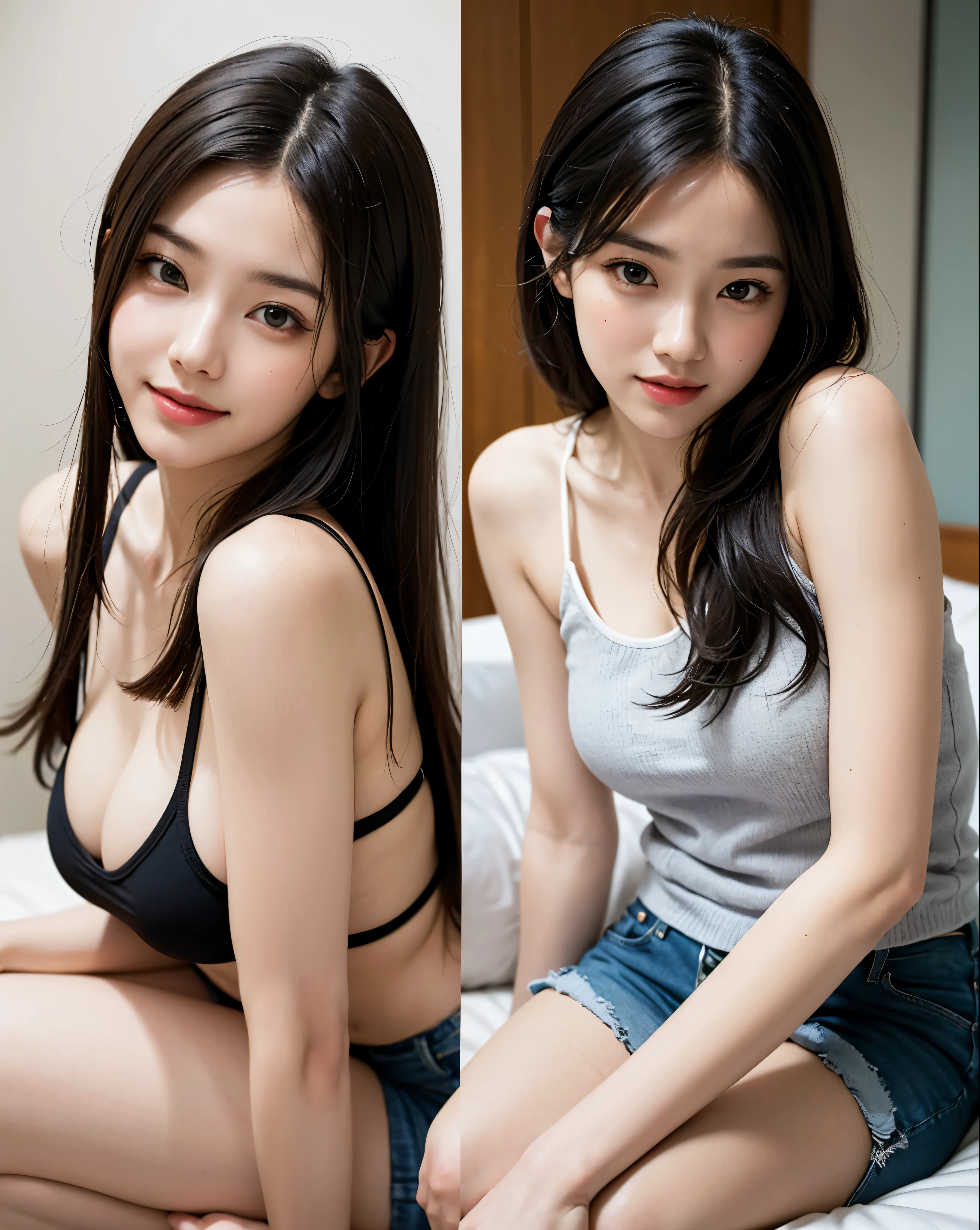 Best Quality, masutepiece, 超A high resolution, (Photorealistic:1.4), Raw photo, 4girl, K-pop idols, long, ,Detailed eyes,(realisticeyes),delicated face,real number K,detailed hairs,Detailed SK Dane,Beautiful face,Smiling、4 people in a row、Camera shooting、beauty legs、Beautiful feet、a miniskirt、hotpants、Tank Tops、