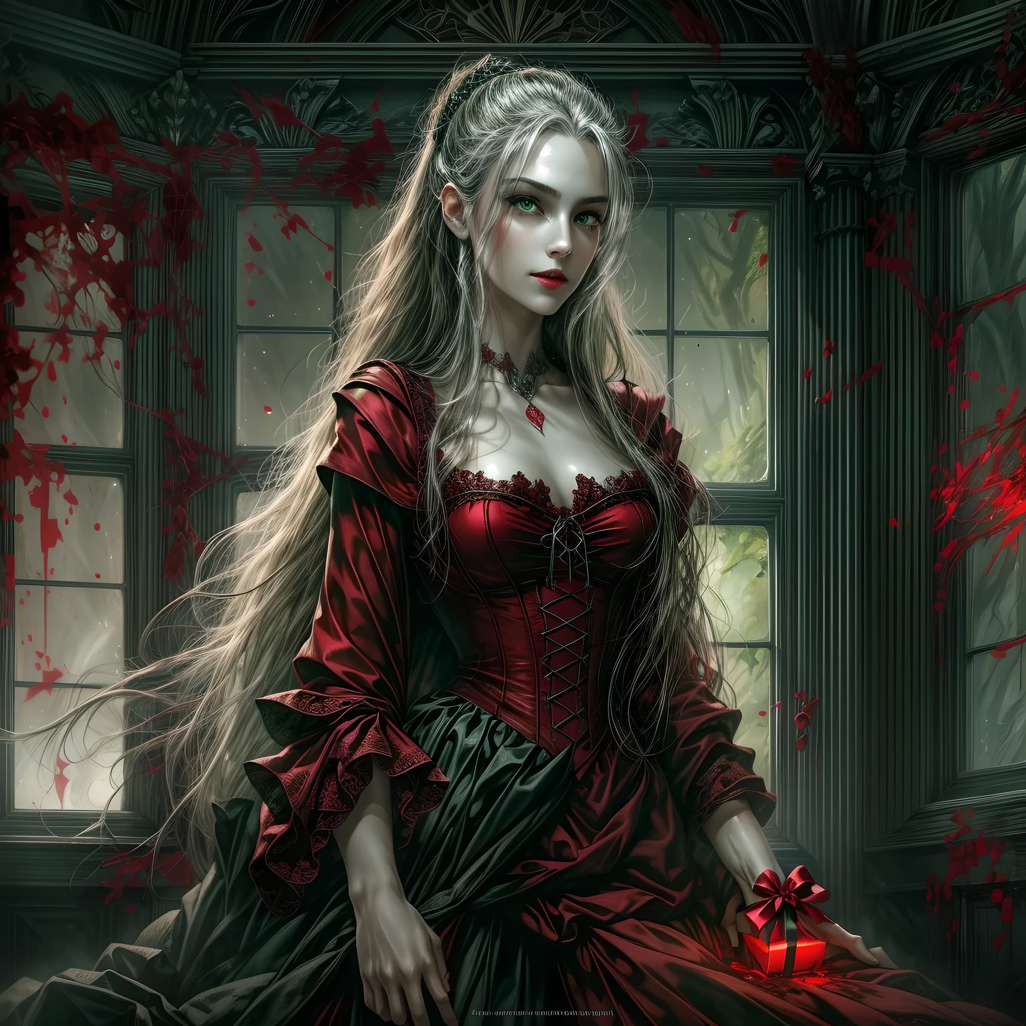 a picture of vampire standing in the front of her home holding a (blood: 1.3) dripping (gift box: 1.5), an exquisite beautiful female vampire in her front door of her home, full body (ultra detailed, Masterpiece, best quality), ultra detailed face (ultra detailed, Masterpiece, best quality), grey skin: 1.3 , blond hair, hair in a ponytail, long hair, blue eyes, cold eyes, glowing eyes, intense eyes, smile with [drops of blood on face] (ultra detailed, Masterpiece, best quality), dark red lips, [vampire fangs], wearing red dress (ultra detailed, Masterpiece, best quality), (green: 1.4) dark green cloak, (green: 1.3) green high heeled boots in front of her home, holding a white gift box  dripping red blood  (ultra detailed, Masterpiece, best quality, high details, best quality, 16k, [ultra detailed], masterpiece, best quality, (ultra detailed), full body, ultra wide shot, photorealism, luis royo style, dark fantasy art, moon light coming through the window, moon rays, gothic art, sense of dread, sense of seduction, bloodmagic