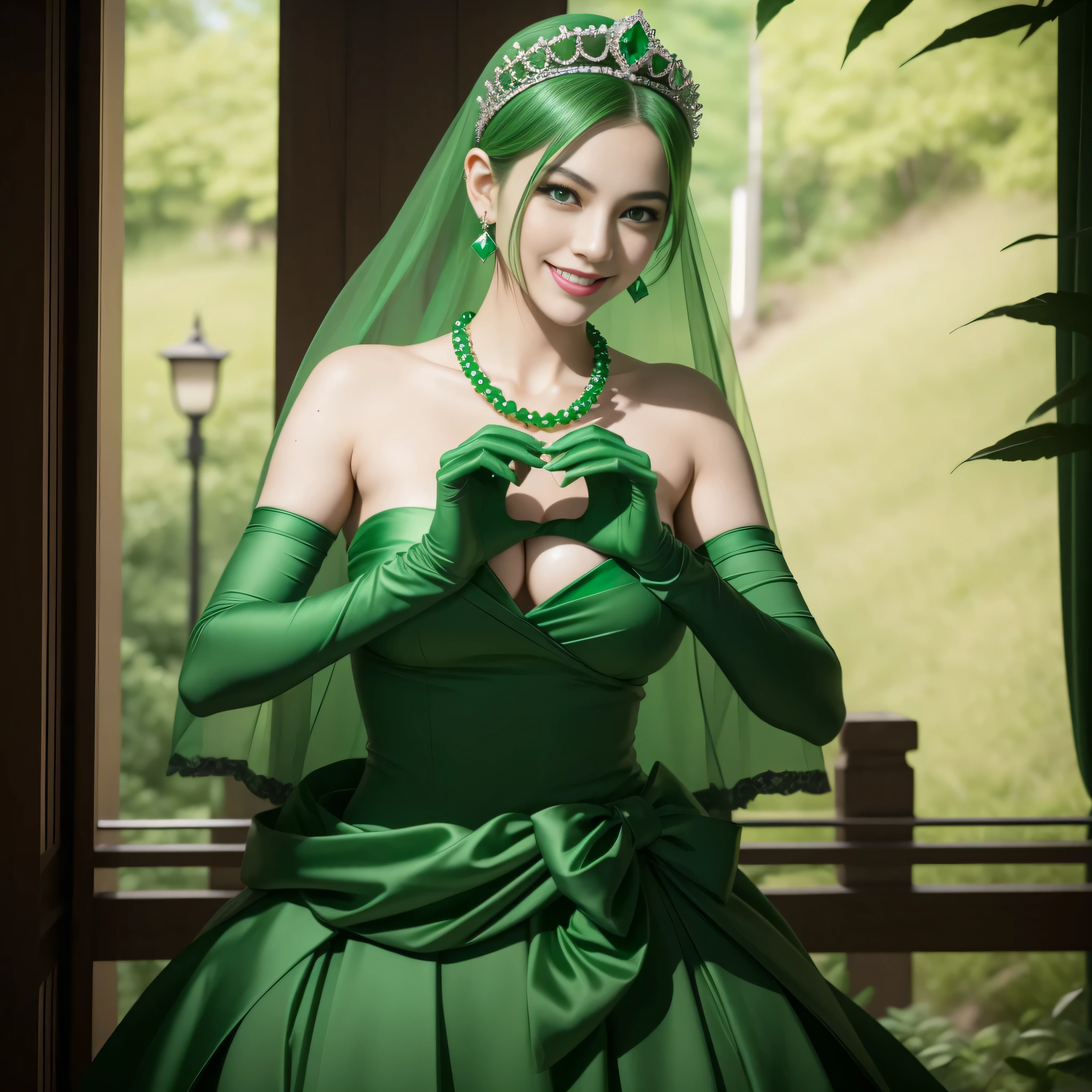 emerald tiara, Green Pearl Necklace, Boyish very short green hair, lipsticks, Japan woman smiling, very short short hair, big breasts beautiful, Green eyes, Long green gloves made of satin material, Green eyes, Emerald Earrings, green vale, 両Heart in the hand, Heart in the hand, Green hair