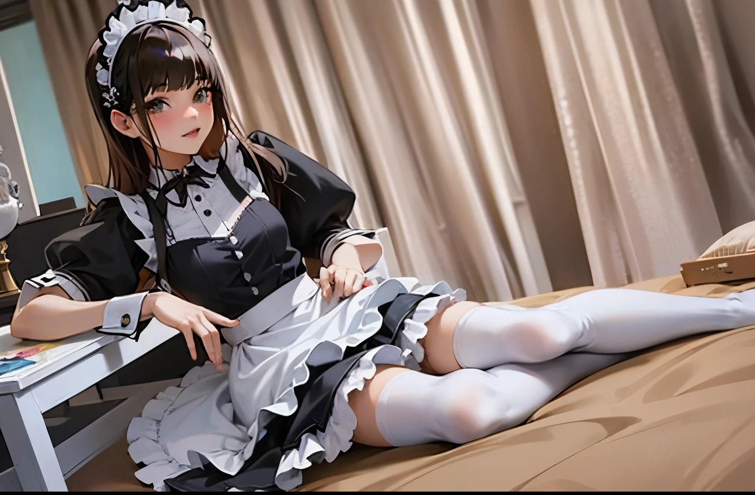 arafed woman in a maid outfit sitting on a bed, gorgeous maid,  A catboy&#39;s! maid! a skirt, animemanga girl in a maid costume, maid a skirt, wearing maid uniform, maid costume, maid outfit, maid, french maid, , animemanga girl , japanese maid cafe,  photore, Anime Barbie wearing white stockings