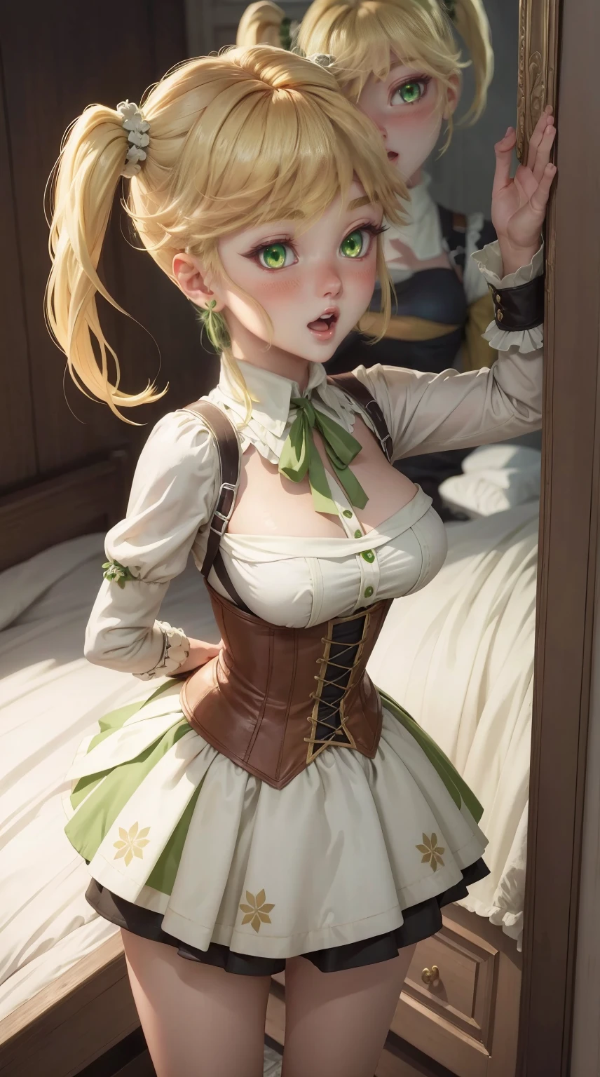 8K, Ultra High Definition, Super detailed, Shiny detailed hair, detailed face, fantasy landscape, solo, looking at viewer, {{best quality}}, {{masterpiece}}, {{ultra-detailed}}, {detailed light}, ultra high quality eyes, detailed eyes, perfect eyes, large eyes, detailed green eyes, blonde hair, short hair, twintail, beautiful, skinny body, white skin, slutty, erotic, standing in suggestive, blushing, open mouth, ahegao, nsfw