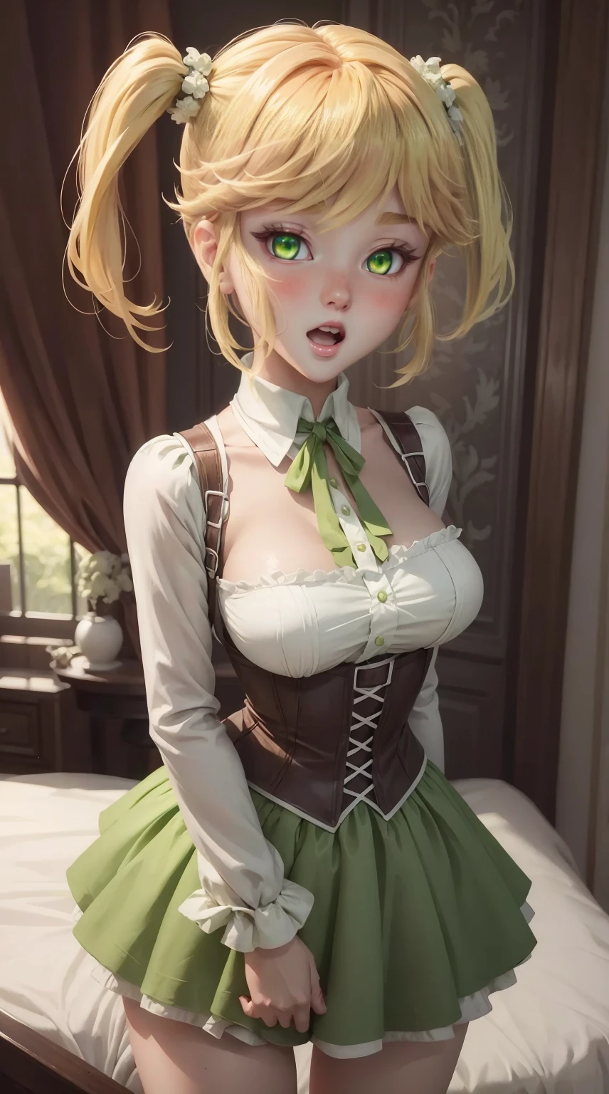 8K, Ultra High Definition, Super detailed, Shiny detailed hair, detailed face, fantasy landscape, solo, looking at viewer, {{best quality}}, {{masterpiece}}, {{ultra-detailed}}, {detailed light}, ultra high quality eyes, detailed eyes, perfect eyes, large eyes, detailed green eyes, blonde hair, short hair, twintail, adorned hair, beautiful, skinny body, white skin, slutty, erotic, suggestive, sitting with legs open, open legs, lingerie, in lingerie, blushing, open mouth, ahegao, ((nsfw))