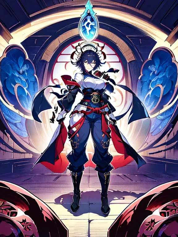 8k_wallpaper, extremely detailed eyes, extremely detailed body, (large masterpiece digital art), (detailed manga illustration), (detailed line art), ((perfect anatomy)), (intricate details:1.3), (ultra-detailed:1.3), (illustration:1.3), (sharp focus:1.3), (natural lighting:1.05), (vivid colors:1.3), (masterpiece), best quality, expressive eyes, perfect face, 1 girl, breasts, cleavage, gloves, large breasts, sarashi, traditional clothes, cerulean clothes, black hair, short hair, messy hair, dark brown eyes, hourglass physique, loose-fitting pants, dynamic pose, large ass, pale skin, shrine maiden, tomboy, combat boots
