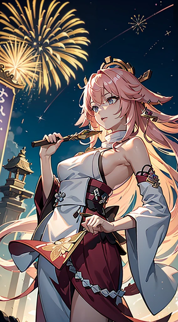portrait,landscape,painting,illustration,yae miko, sleeves separated, strapless, (sideboob:1.45), pink hair, long hair, Japanese clothing,festive atmosphere,(grand fireworks display in the night sky),sparkling fireworks,mesmerizing colors,romantic ambiance,futuristic skyscrapers,tall buildings,reaching towards the sky,glowing neon lights,amazing architectural design,twinkling stars,celebration of the new year,overwhelming sense of excitement,magical moment,inspiring and artistic composition. best quality,4k,8k,highres,masterpiece:1.2,ultra-detailed,realistic:1.37,