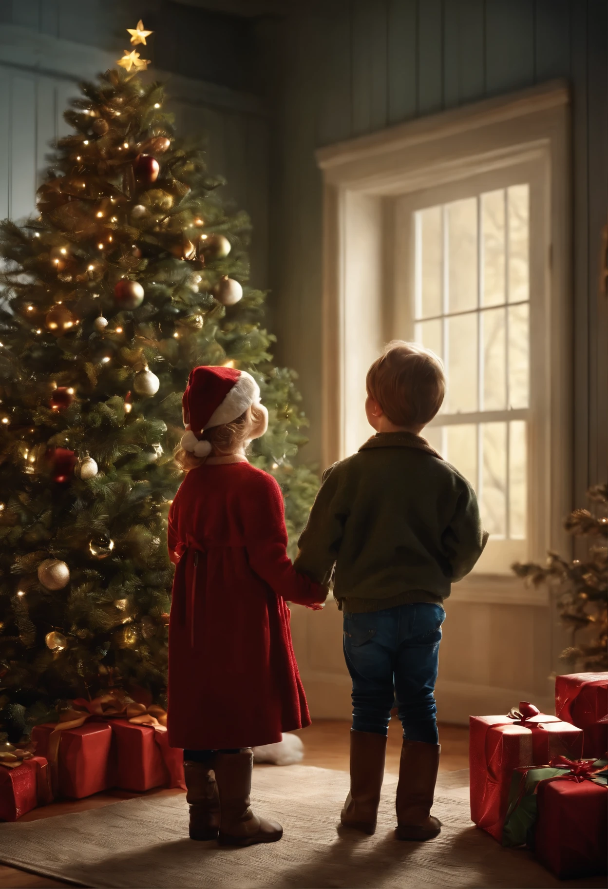 there are two children standing next to a Christmas tree, Laszlo Balog, children, children's, true realistic image, christmas night, based on Terry Redlin, by Krzysztof Boguszewski, by Aleksander Gierymski, traditional art, Christmas tree, Inspired by Mark Keatley