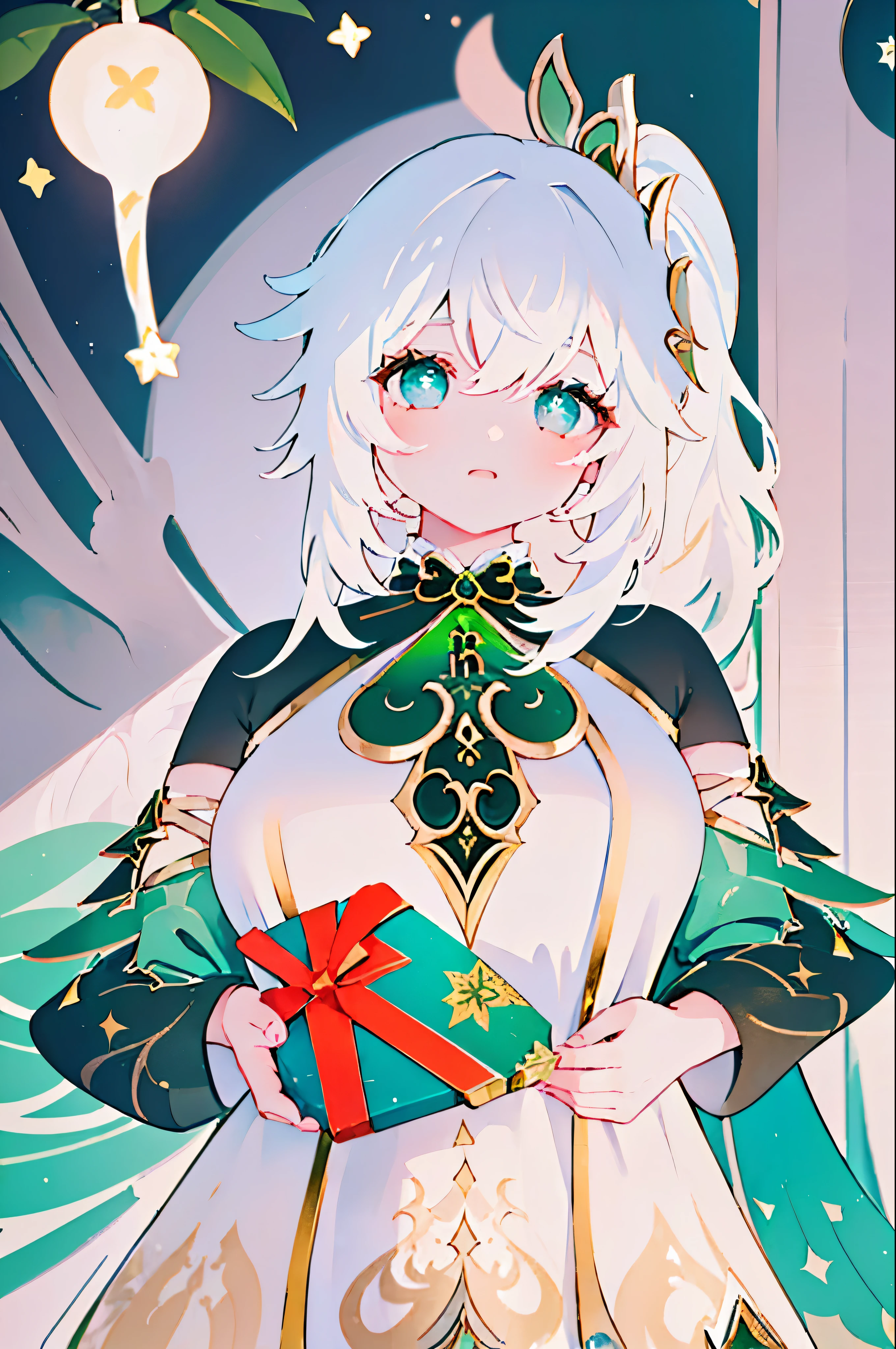 (( nahida from Genshin impact)) ,(1 girl ) short high , Skinny body type, blonde Long haircut , happy face expression , ( cute dress), (((holds out a gift)) , santa hat , (Masterpiece), (high quality) , (8k), ((xmas decorated room))