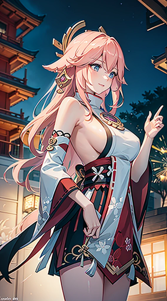 portrait,landscape,painting,illustration,yae miko, sleeves separated, strapless, (sideboob:1.45), pink hair, long hair, Japanese clothing,festive atmosphere,(grand fireworks display in the night sky),sparkling fireworks,mesmerizing colors,romantic ambiance,futuristic skyscrapers,tall buildings,reaching towards the sky,glowing neon lights,amazing architectural design,twinkling stars,celebration of the new year,overwhelming sense of excitement,magical moment,inspiring and artistic composition. best quality,4k,8k,highres,masterpiece:1.2,ultra-detailed,realistic:1.37,