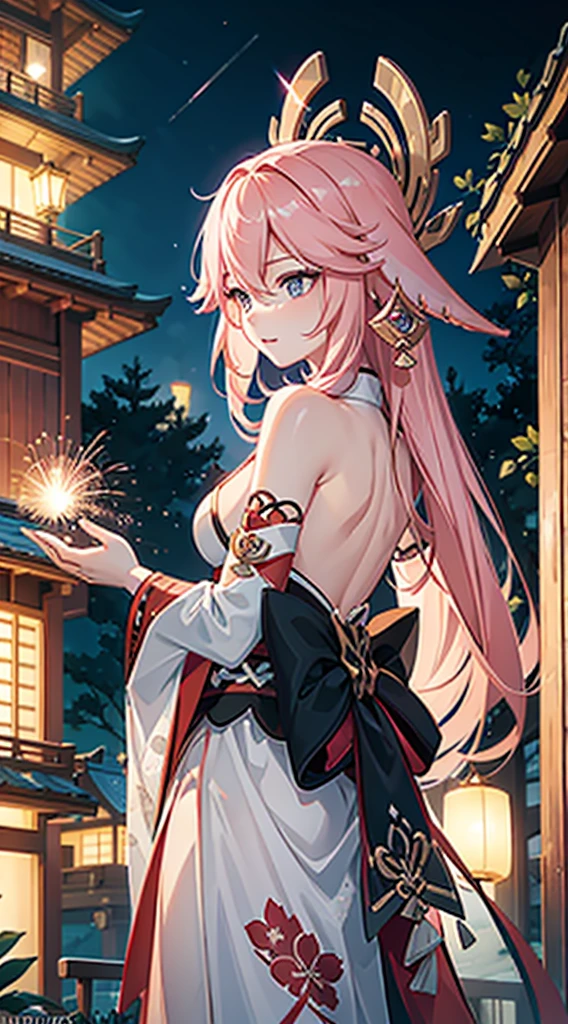 portrait,landscape,painting,illustration,yae miko, sleeves separated, strapless, (sideboob:1.45), pink hair, long hair, Japanese clothing,festive atmosphere,(grand fireworks display in the night sky),sparkling fireworks,mesmerizing colors,romantic ambiance,futuristic skyscrapers,tall buildings,reaching towards the sky,glowing neon lights,amazing architectural design,twinkling stars,celebration of the new year,overwhelming sense of excitement,magical moment,inspiring and artistic composition. best quality,4k,8k,highres,masterpiece:1.2,ultra-detailed,realistic:1.37,