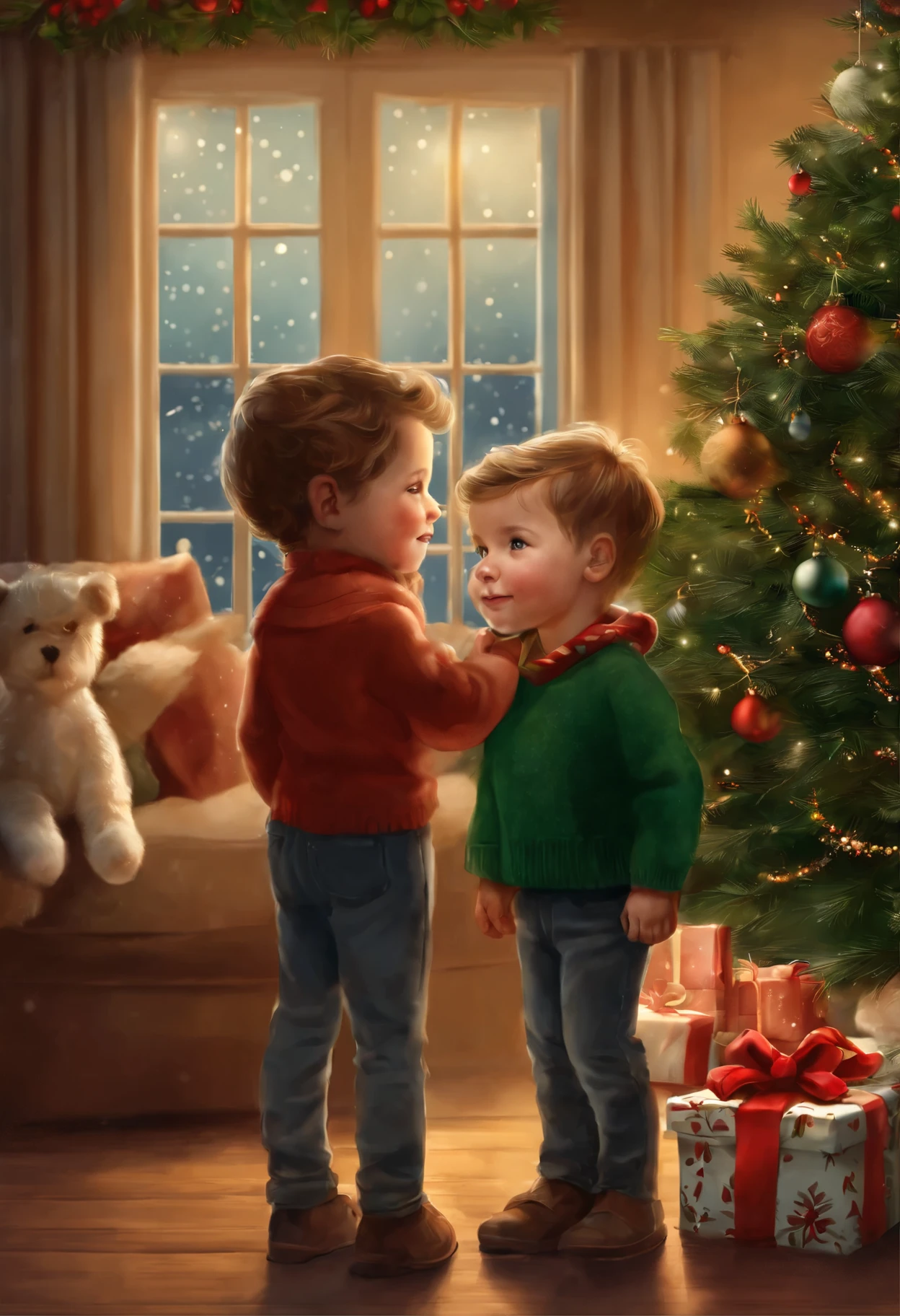 there are three много детей standing in front of a Christmas tree, christmas night, Christmas tree, Festive atmosphere, Inspired by Mark Keatley, holiday season, a tree, children's, background illustration, Lisa Parker, true realistic image, Resolution 1128x191, children, by Krzysztof Boguszewski, concept piece, Artists