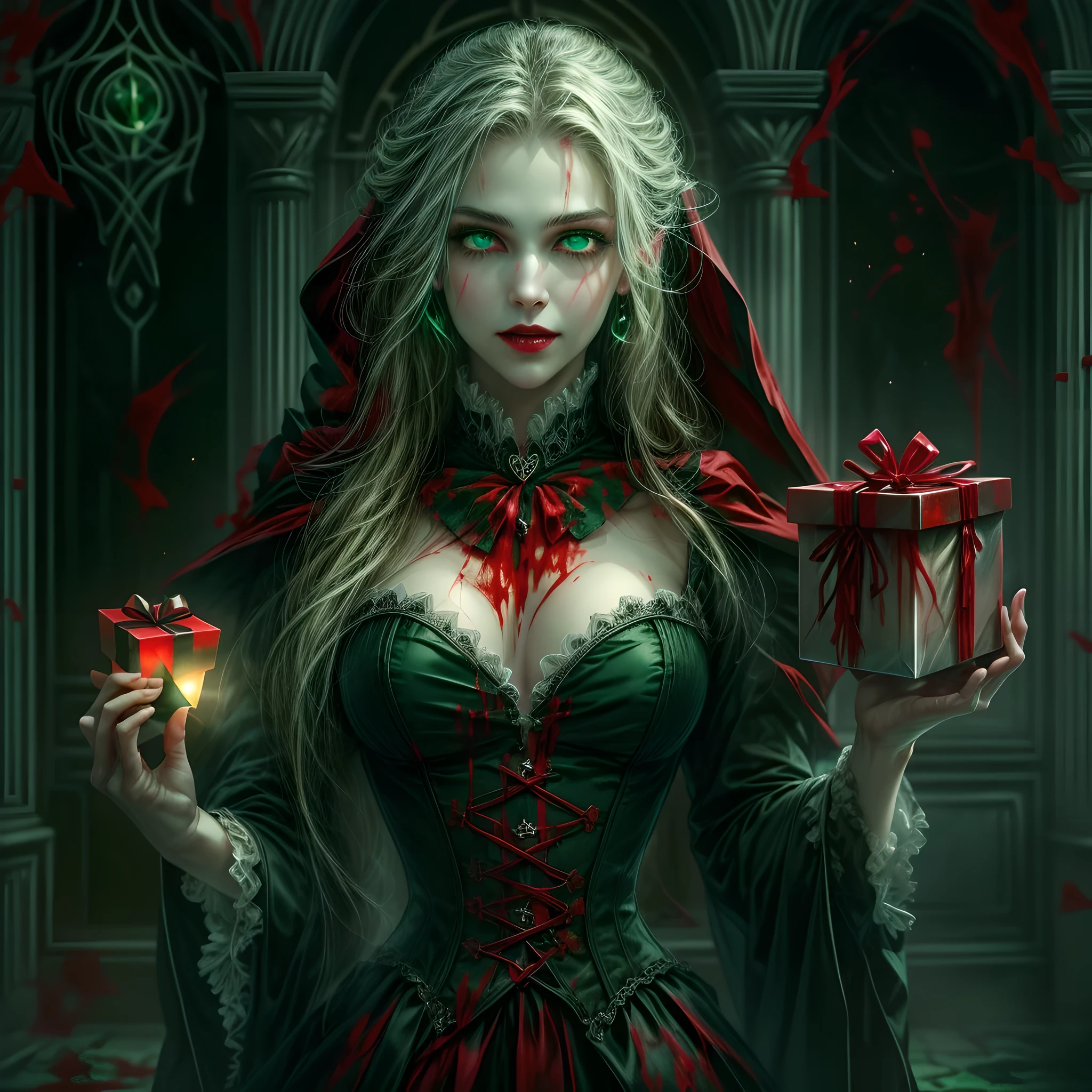 a picture of vampire standing in the front of her home holding a (blood: 1.3) dripping (gift box: 1.5), an exquisite beautiful female vampire in her front door of her home, full body (ultra detailed, Masterpiece, best quality), ultra detailed face (ultra detailed, Masterpiece, best quality), grey skin: 1.3 , blond hair, hair in a ponytail, long hair, blue eyes, cold eyes, glowing eyes, intense eyes, smile with [drops of blood on face] (ultra detailed, Masterpiece, best quality), dark red lips, [vampire fangs], wearing red dress (ultra detailed, Masterpiece, best quality), (green: 1.4) dark green cloak, (green: 1.3) green high heeled boots in front of her home, holding a white gift box  dripping red blood GlowingRunes_red (ultra detailed, Masterpiece, best quality, high details, best quality, 16k, [ultra detailed], masterpiece, best quality, (ultra detailed), full body, ultra wide shot, photorealism, luis royo style, dark fantasy art, moon light coming through the window, moon rays, gothic art, sense of dread, sense of seduction, bloodmagic