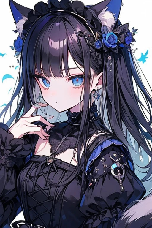 Unparalleled beauty,face perfect、Magazine covers、(2man,),gothic lorita、((Gothic lolita)) ((frilld)) Head dress、Retro、Perfect Eye、Blue Eye、 stroking the head、Animal ears、Animal tail、a blonde and a black hair、modeled、brand costumes、ファッションMagazine covers、Holding the microphone in her hand、Idle Unit、、Full of confidence、Cross your shoulders 、,