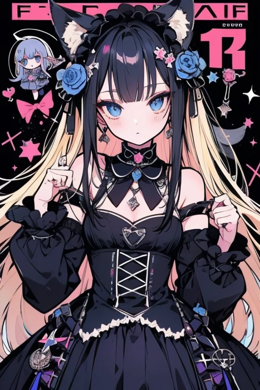 Unparalleled beauty,face perfect、Magazine covers、(2man,),gothic lorita、((Gothic ta)) ((frilld)) Head dress、Retro、Perfect Eye、Blue Eye、 stroking the head、Animal ears、Animal tail、a blonde and a black hair、modeled、brand costumes、ファッションMagazine covers、Holding the microphone in her hand、Idle Unit、、Full of confidence、Cross your shoulders 、,