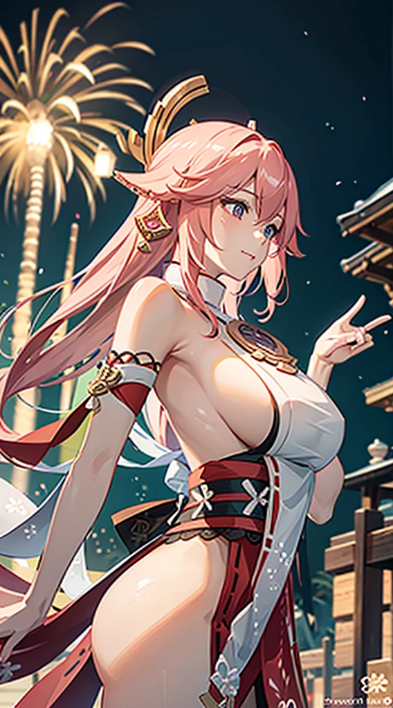 portrait,landscape,painting,illustration,yae miko, sleeves separated, strapless, (sideboob:1.45), pink hair, long hair, Japanese clothing,festive atmosphere,(grand fireworks display in the night sky),sparkling fireworks,mesmerizing colors,romantic ambiance,amazing architectural design,twinkling stars,celebration of the new year,overwhelming sense of excitement,magical moment,inspiring and artistic composition. best quality,4k,8k,highres,masterpiece:1.2,ultra-detailed,realistic:1.37,