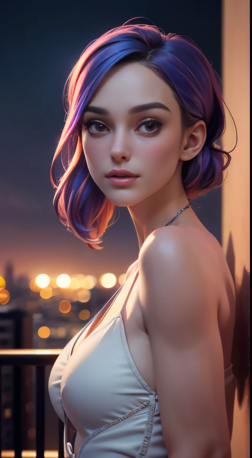 photo of movie star, RAW, beautiful woman, ((portrait)), ((detailed face:1.2)), (colorful rainbow hair:1.1), ((detailed facial feature, detailed skin, clear skin), (perfect proportioned body, medium breasts, poking nipples), arched back (wearing an elaborate dress), (high detailed city environment, apartment balcony), (realistic photo, best quality, detailed), (8k wallpaper), (cinematic lighting, dramatic lighting) (sharp focus, intricate)