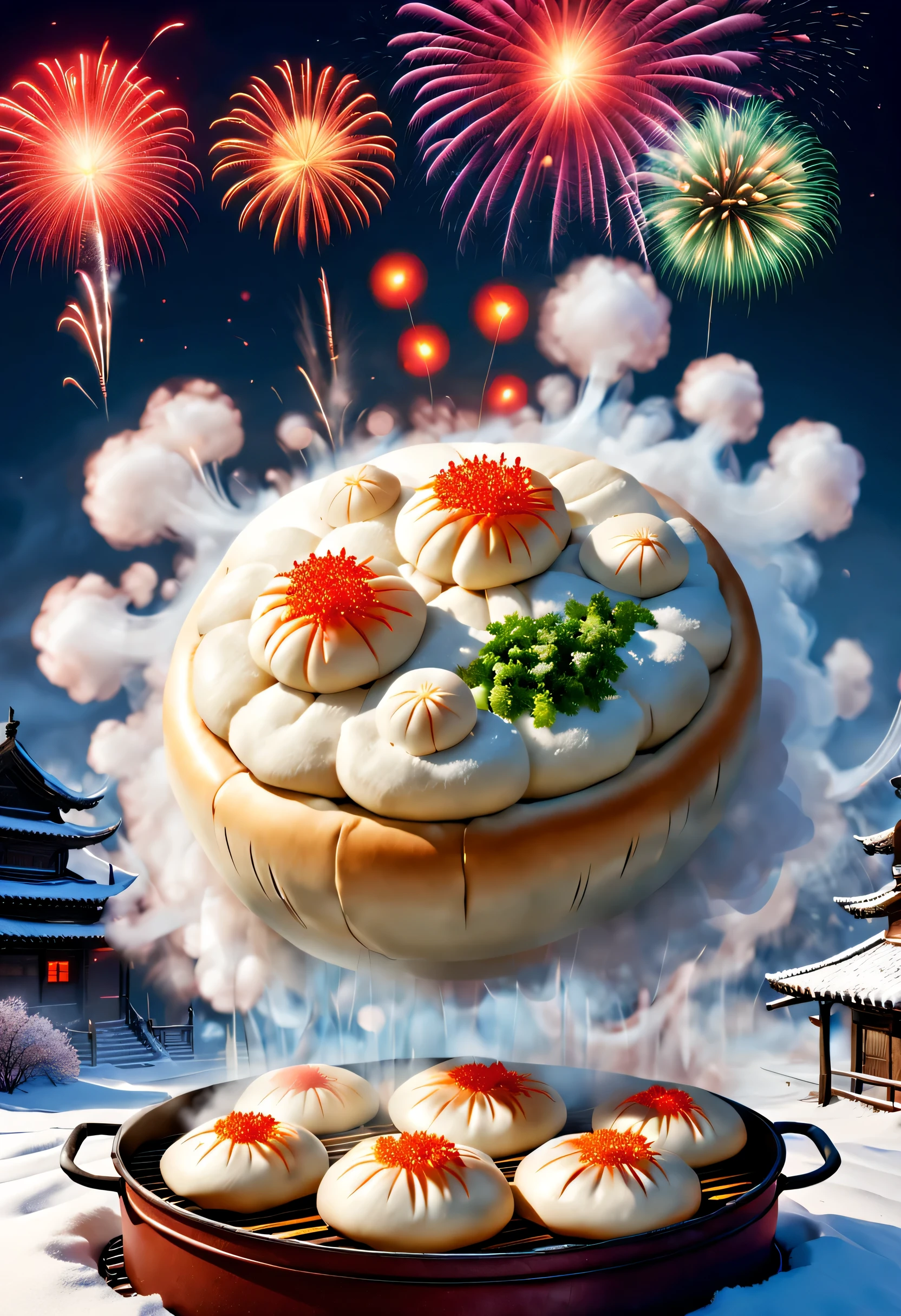 (Steamed buns are steaming in a large pot on the Northeast stove，There is a red dot in the middle of the bun),Background with：东北rustic节日Fireworks explode on a snow-covered night,Fireworks explode on a snow-covered night，The content is very detailed, Best quality, A high resolution, tmasterpiece, photographyrealism, 8K, Perspectives, rustic, S Kahn,