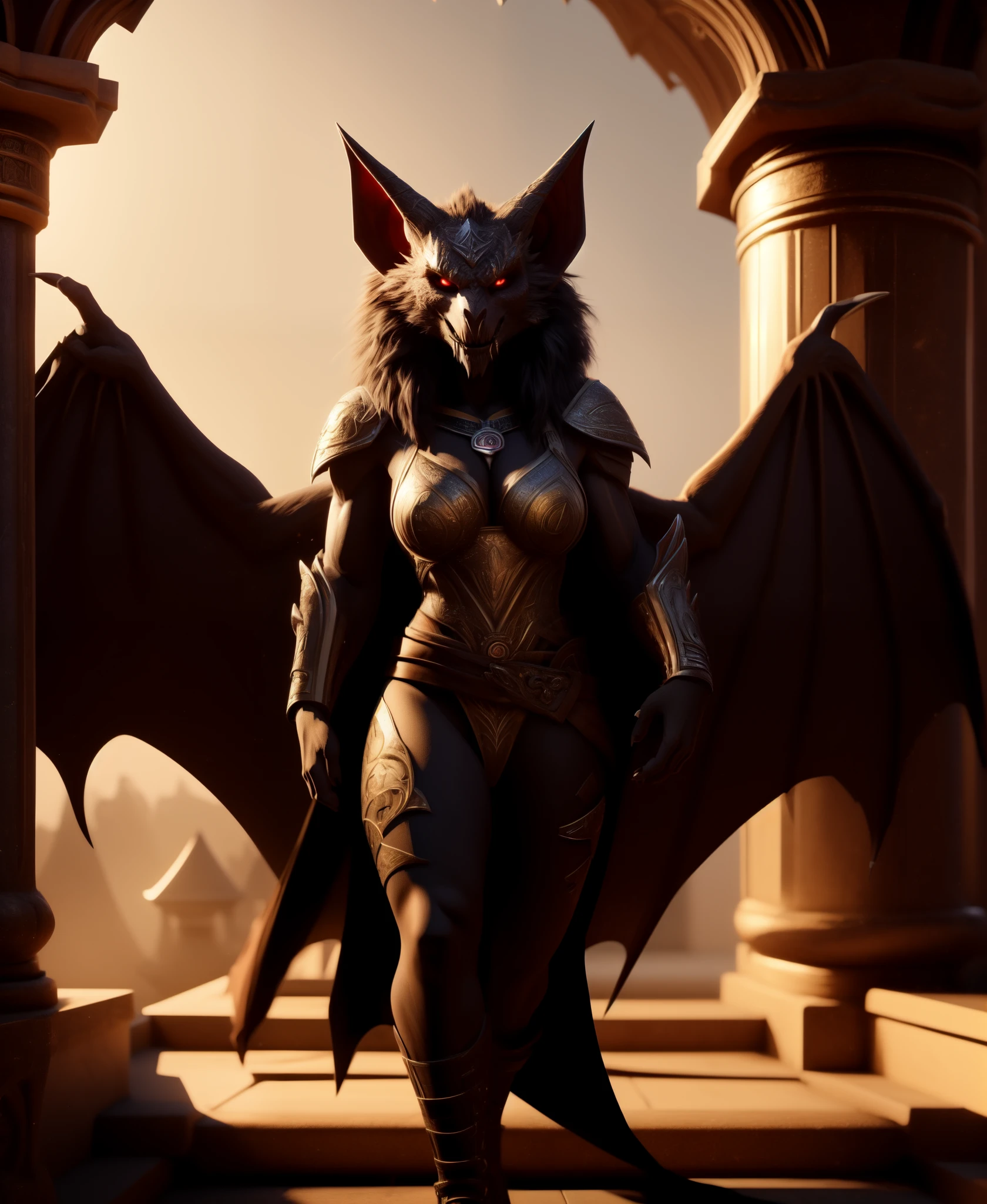 hyperdetailed,photorealistic,Elder Scrolls Online,Lady Thorn,vampire queen,detailed brown skin,detailed bat face,detailed red eyes,detailed wings,detailed ears,detailed hands,detailed feet,masterpiece,professional photography,cinematic light,cinematic shot,raw photo,