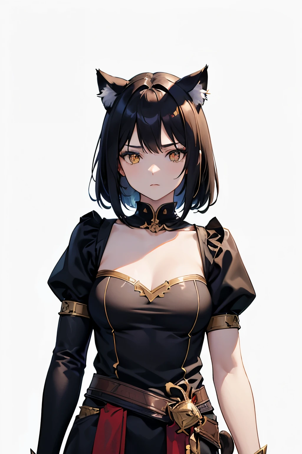 High resolution, round breasts, Firm and Medium. smile, black eyes, Brown hair. solitary woman. simple background. cat Woman, slim. medieval clothing. cat ears. Upper body. concept. Teenage Woman.