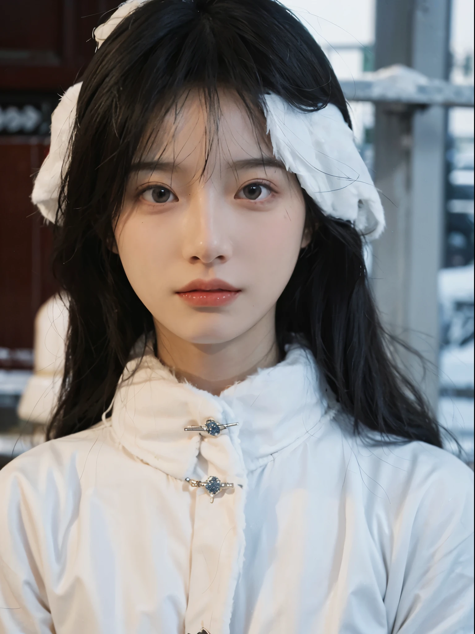 Best quality, 超高分辨率, white backgrounid,(realistically:1.4), girl, A pair of eyes as clear as snow,Imperial sister,Black long straight, looking at viewert, close up ,