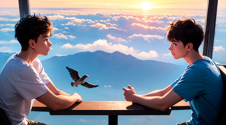 2 boys, 18 years old, sitting next to each other on the window watching the sunrise, beautiful landscape with flying birds and clouds