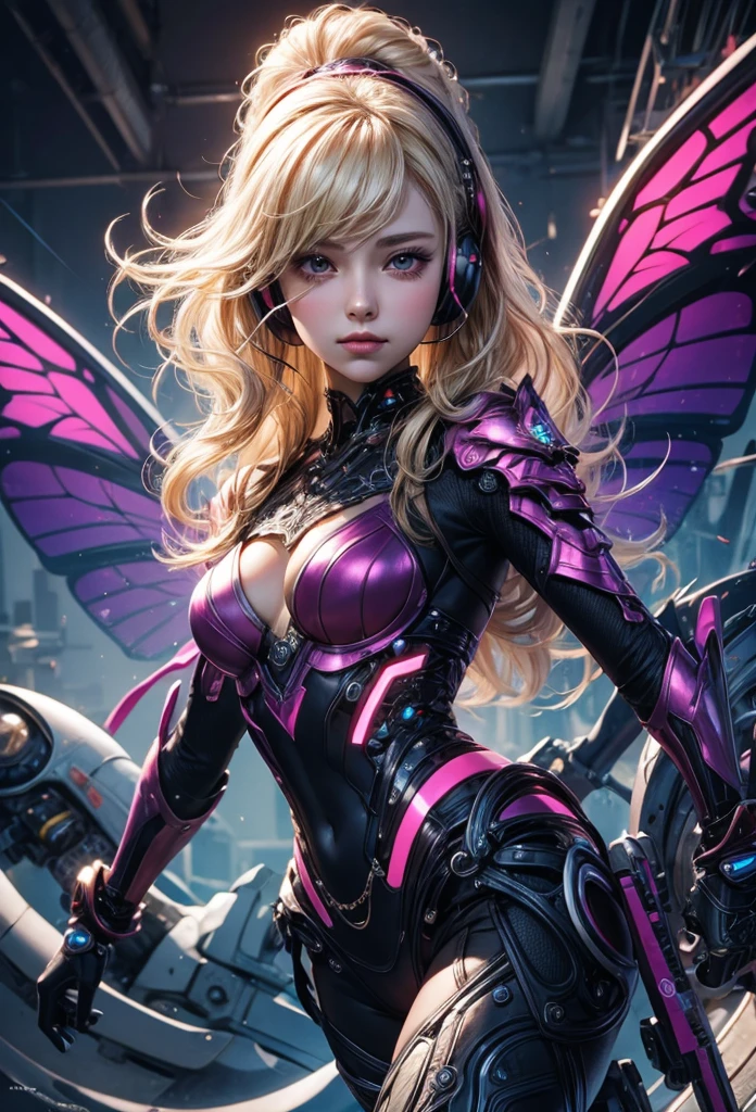 (Detailed illustrations,Very detailed and detailed drawing,Delicate lines with slow and rapid,Realistic texture expression),[Color tressed main line],[labo],[[HENTAI]] ANIME (CYBERGirl anime Beauty 13 years old Cyborg [Wavy Hair (platinum-blonde)]),([Butterfly wings] Magenta-pink Papillon cybernean armor [Aurora Armor] Fuselage only transparent material) Cyber Headset,(cybernetic),(Intricate and beautiful decoration [Dense detail]),(Fine and beautiful skin expression [Transparency]),[完璧な目のdetaileds (Iris beautifully drawn in every detail)[Jewel-like eyes]],[long and beautiful eyelashes],[Meticulously drawn hair [美しく艷やかな髪のdetaileds]],(完璧な手のdetaileds [Beautiful fingers without breakdowns [Beautiful nails]]),(Perfect Anatomy(Perfectly proportioned))[[Full body like]],[[Design built to the highest level]][Ideal color coordination(Accurate simulation of light-material interactions)],([Precision Detail](detaileds,high-detail)),[Visual art that conveys a sense of narrative].