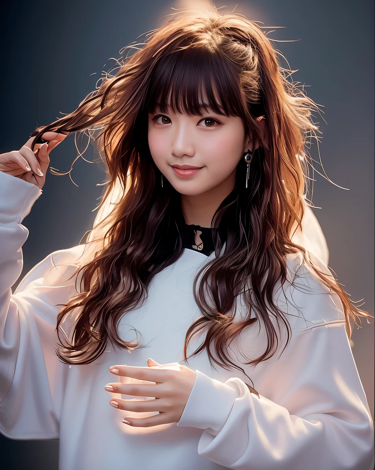 Arafed Asian woman with long hair and bangs, Larisa Manobal, Lalisa Manoban in blackpink, With bangs, neat hair With bangs, 奈良美智, sha xi, Portrait of female Korean idol, long hair with full bangs, chiho, Inspired by Miwa Komatsu、masutepiece、black backgrounds、Depth of subject、topquality、