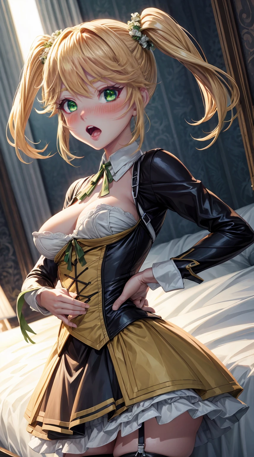 8K, Ultra High Definition, Super detailed, Shiny detailed hair, detailed face, fantasy landscape, solo, looking at viewer, {{best quality}}, {{masterpiece}}, {{ultra-detailed}}, {detailed light}, ultra high quality eyes, detailed eyes, perfect eyes, large eyes, detailed green eyes, blonde hair, short hair, twintail, beautiful, skinny body, white skin, slutty, erotic, standing in suggestive, in lingerie, lingerie, blushing, open mouth, ahegao, nsfw