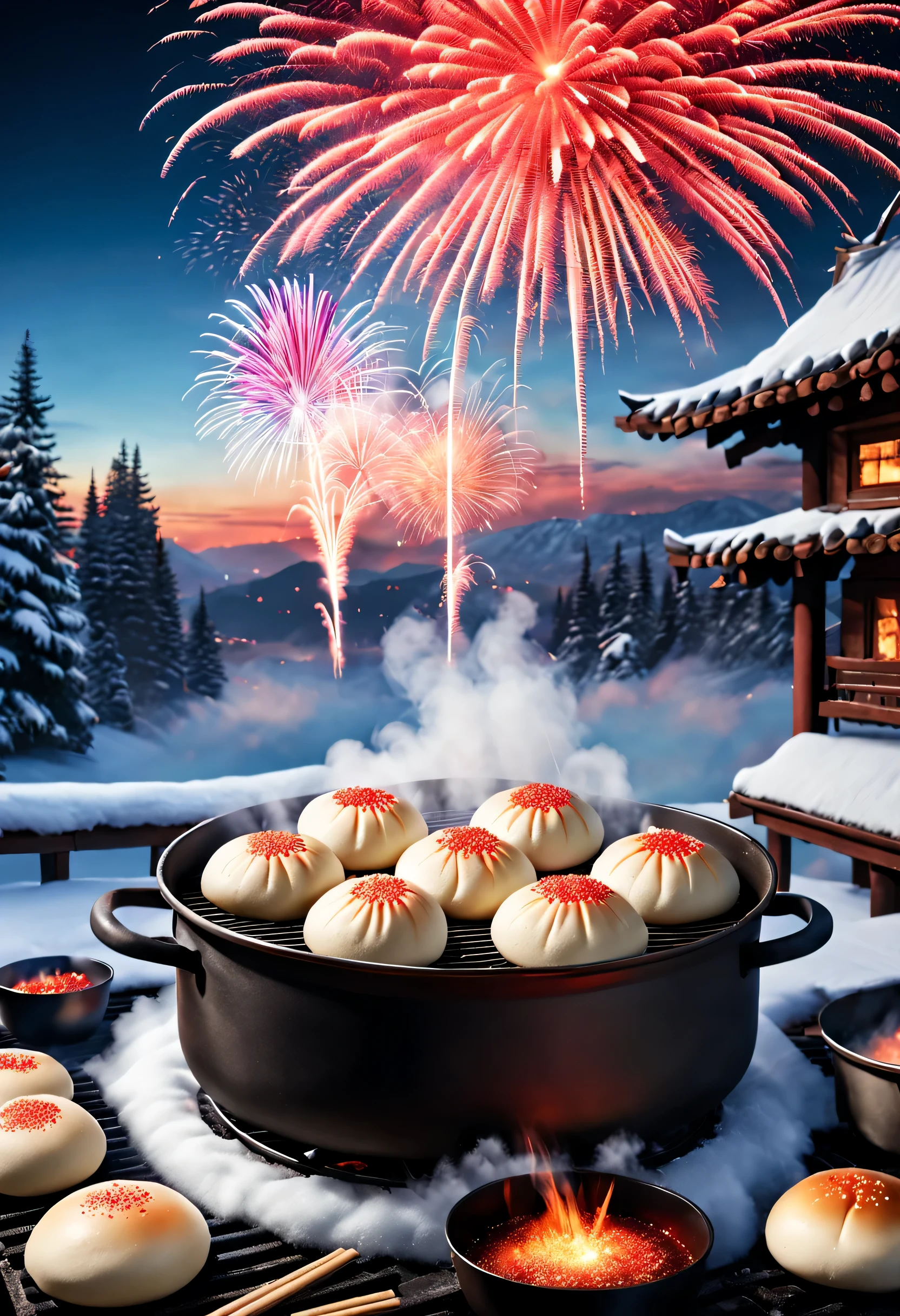 (In the big pot on the Northeastern stove，The steamed buns are steaming hot，There is a red dot in the middle of the bun),Background with：东北rustic节日Fireworks explode on a snow-covered night,Fireworks explode on a snow-covered night，The content is very detailed, Best quality at best, A high resolution, tmasterpiece, photographyrealism, 8K, Perspectives, rustic,