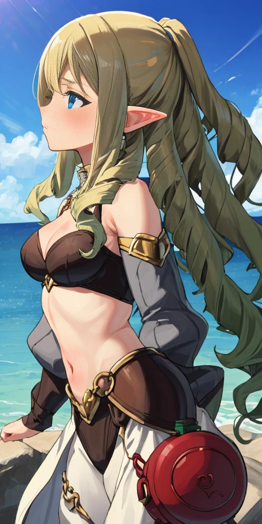 Female, standing, straight, 1girl, elf, green wavy hair, from above, medium breasts, suspended by arms, head down, POV, from the side,