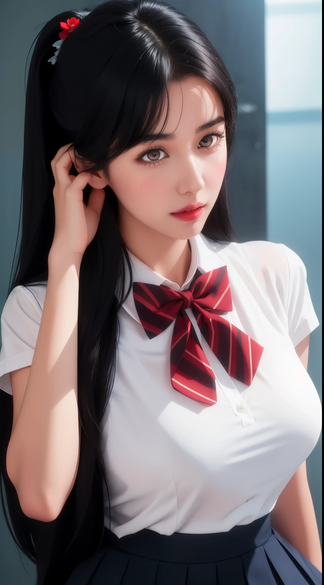 school_uniform,red bowtie,white shirt,Blue sweater vest,pleated_skirt,
flower hair clip, hair flower, hair ornament, 
Red eyes,bangs, black_hair, long_hair,
1 girl, 20yo,Young female,Beautiful Finger,Beautiful long legs,Beautiful body,
Beautiful Nose,Beautiful character design, perfect eyes, perfect face,expressive eyes,perfect balance,
looking at viewer,(Focus on her face),closed mouth, (innocent_big_eyes:1.0),(Light_Smile:0.3),
official art,extremely detailed CG unity 8k wallpaper, perfect lighting,Colorful, Bright_Front_face_Lighting,White skin,
(masterpiece:1.0),(best_quality:1.0), ultra high res,4K,ultra-detailed,
photography, 8K, HDR, highres, absurdres:1.2, Kodak portra 400, film grain, blurry background, bokeh:1.2, lens flare, (vibrant_color:1.2),professional photograph,
(Beautiful,large_Breasts:1.4), (beautiful_face:1.5),(narrow_waist),