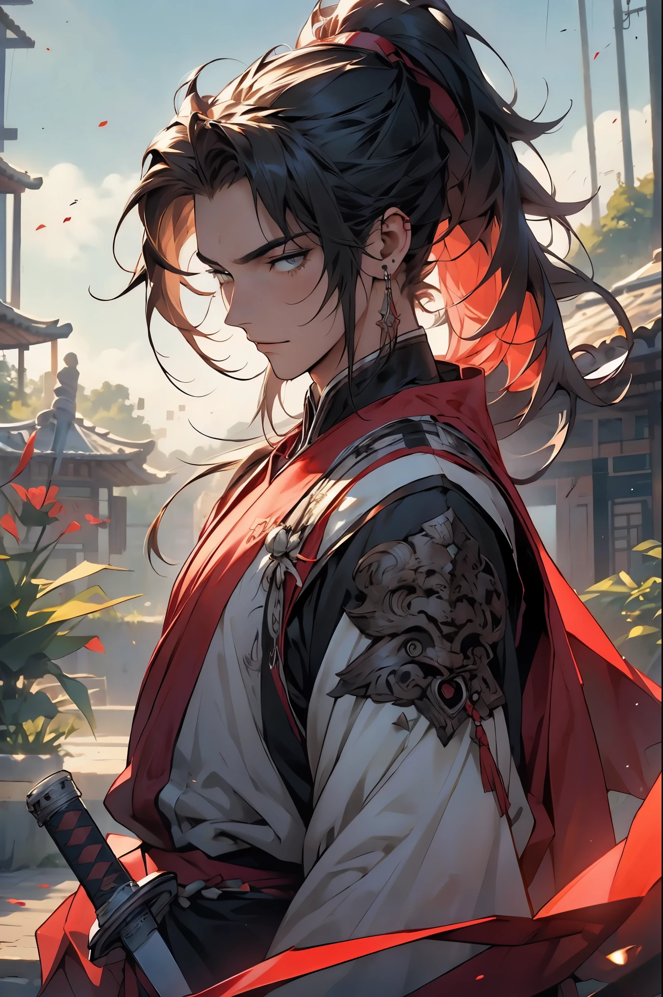 (Best quality at best,A high resolution,The image is clear,:1.2),A handsome young man holding a sword,Chinese style clothes,high ponytails,natta,Garden scene,under moonlight,starrysky