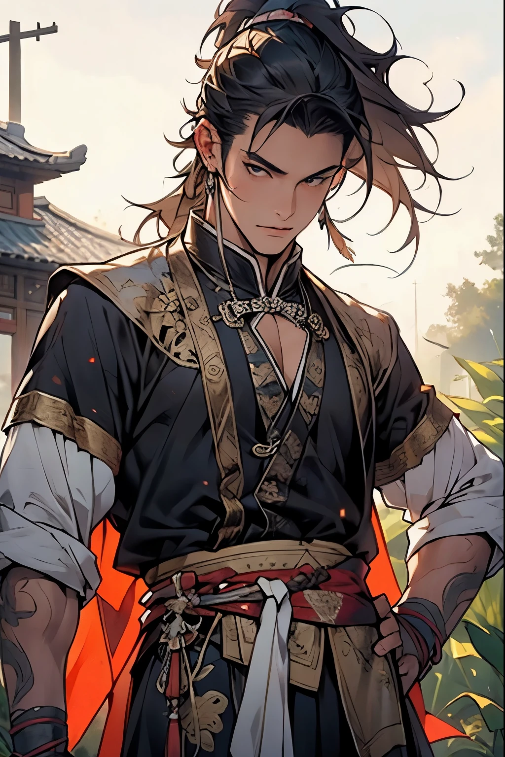 (Best quality,A high resolution,The image is clear，:1.2),A handsome young man holding a sword，Chinese-style clothes，high ponytails，natta，Garden scene,under moonlight,starrysky