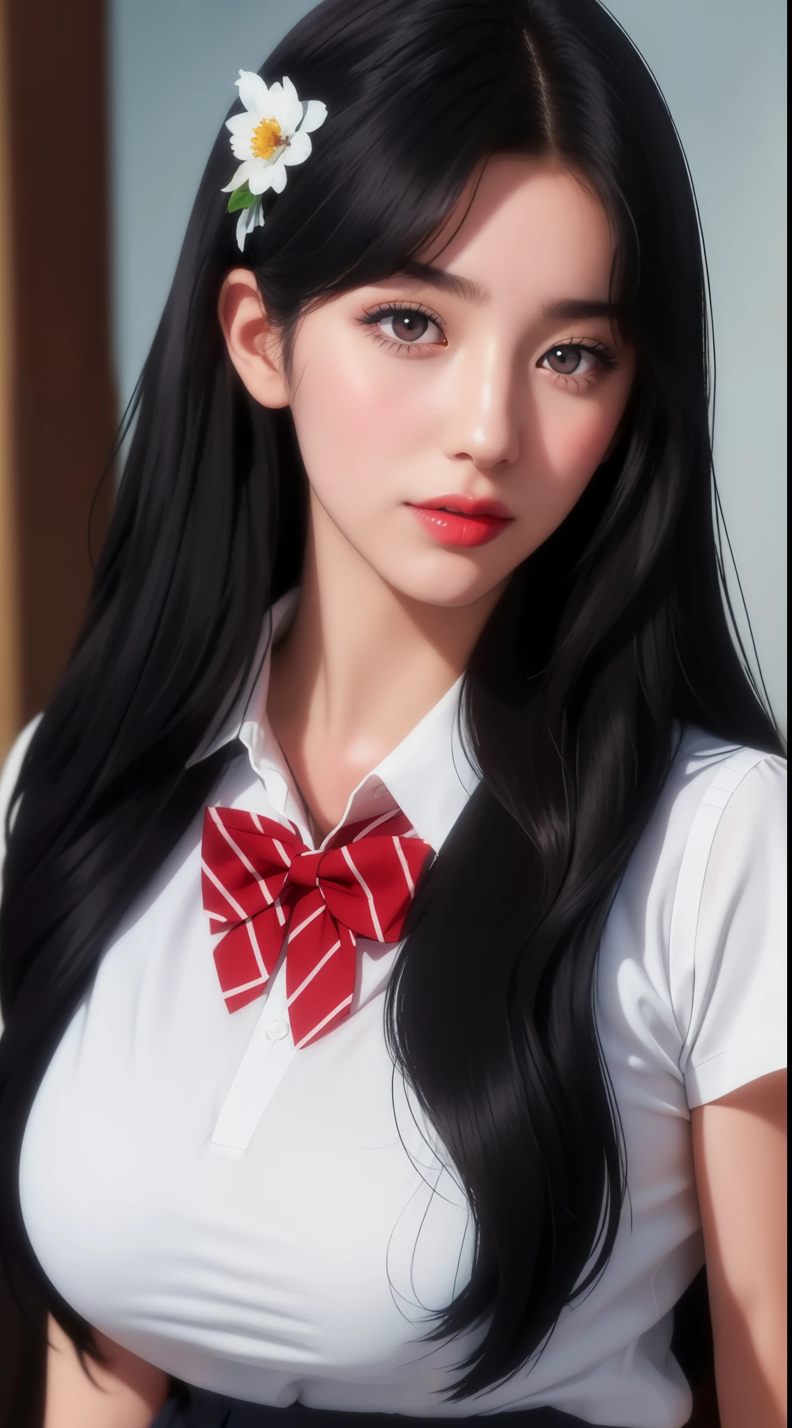 school_uniform,red bowtie,white shirt,Blue sweater vest,pleated_skirt,
flower hair clip, hair flower, hair ornament, 
Red eyes,bangs, black_hair, long_hair,
1 girl, 20yo,Young female,Beautiful Finger,Beautiful long legs,Beautiful body,
Beautiful Nose,Beautiful character design, perfect eyes, perfect face,expressive eyes,perfect balance,
looking at viewer,(Focus on her face),closed mouth, (innocent_big_eyes:1.0),(Light_Smile:0.3),
official art,extremely detailed CG unity 8k wallpaper, perfect lighting,Colorful, Bright_Front_face_Lighting,White skin,
(masterpiece:1.0),(best_quality:1.0), ultra high res,4K,ultra-detailed,
photography, 8K, HDR, highres, absurdres:1.2, Kodak portra 400, film grain, blurry background, bokeh:1.2, lens flare, (vibrant_color:1.2),professional photograph,
(Beautiful,large_Breasts:1.4), (beautiful_face:1.5),(narrow_waist),