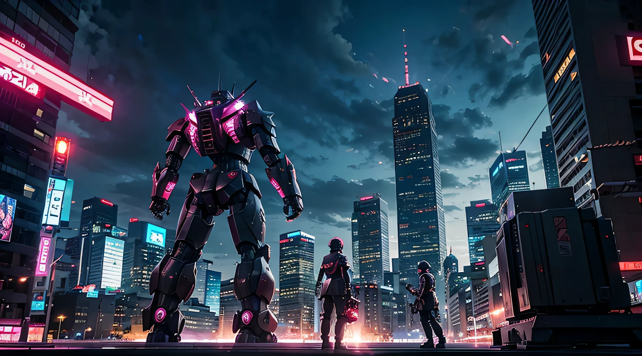 anime style cityscape with a huge godzilla sized bandai style mech robot that is pink standing in the middle being worked on by a team of scientists.