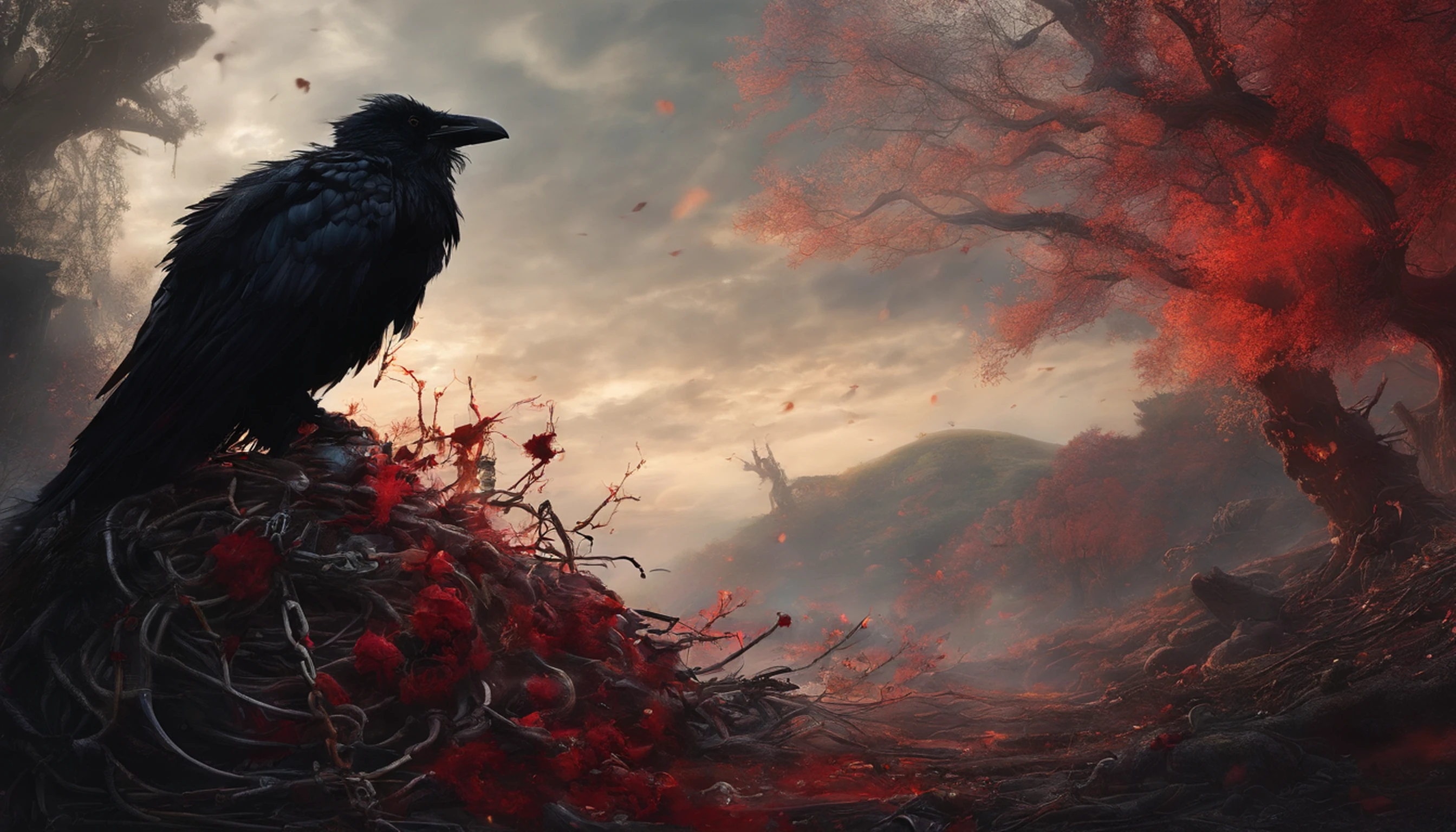 A crow is sitting on a large skull suspended from chains., photorealistic dark concept art, apocalyptic art, highly realistic concept art, detailed 4k horror artwork, 4Kighly detailedなデジタルアート, 4k concept art and hyperrealism, stylized fantasy artwork, Spooky nostalgic concept art, Surreal concept art, Blood gushes out、look up sky, World of Death, Reminiscent of death, the chaos、red fluid、Ash is fluttering、Floating debris、Giant float、World of Death、Grave marker of the cross、(Photo Real:1.4)、taken with canon 5d mk4, taken with canon eos 5 d mark iv, Shot with Canon EOA 6 D Mark II, ighly detailedな顔と肌の質感、 Detailed eyes、二重まぶた、ighly detailed, finely detail, ​masterpiece, top-quality, ultra-detailliert、Dust、the wind