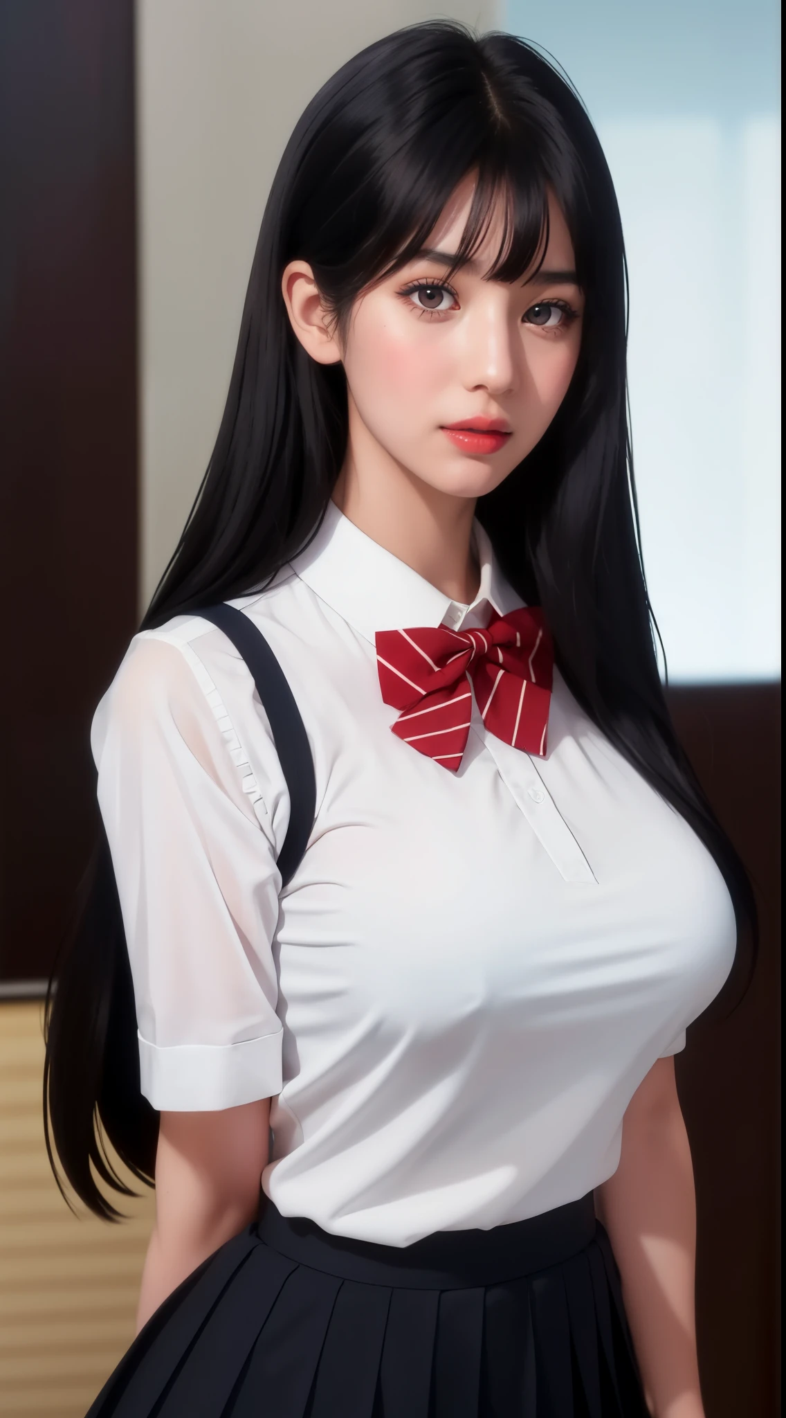 school_uniform,red bowtie,white shirt,Blue sweater vest,pleated_skirt,
flower hair clip, hair flower, hair ornament, 
Red eyes,bangs, black_hair, long_hair,
1 girl, 20yo,Young female,Beautiful Finger,Beautiful long legs,Beautiful body,
Beautiful Nose,Beautiful character design, perfect eyes, perfect face,expressive eyes,perfect balance,
looking at viewer,(Focus on her face),closed mouth, (innocent_big_eyes:1.0),(Light_Smile:0.3),
official art,extremely detailed CG unity 8k wallpaper, perfect lighting,Colorful, Bright_Front_face_Lighting,White skin,
(masterpiece:1.0),(best_quality:1.0), ultra high res,4K,ultra-detailed,
photography, 8K, HDR, highres, absurdres:1.2, Kodak portra 400, film grain, blurry background, bokeh:1.2, lens flare, (vibrant_color:1.2),professional photograph,
(Beautiful,large_Breasts:1.4), (beautiful_face:1.5),(narrow_waist),